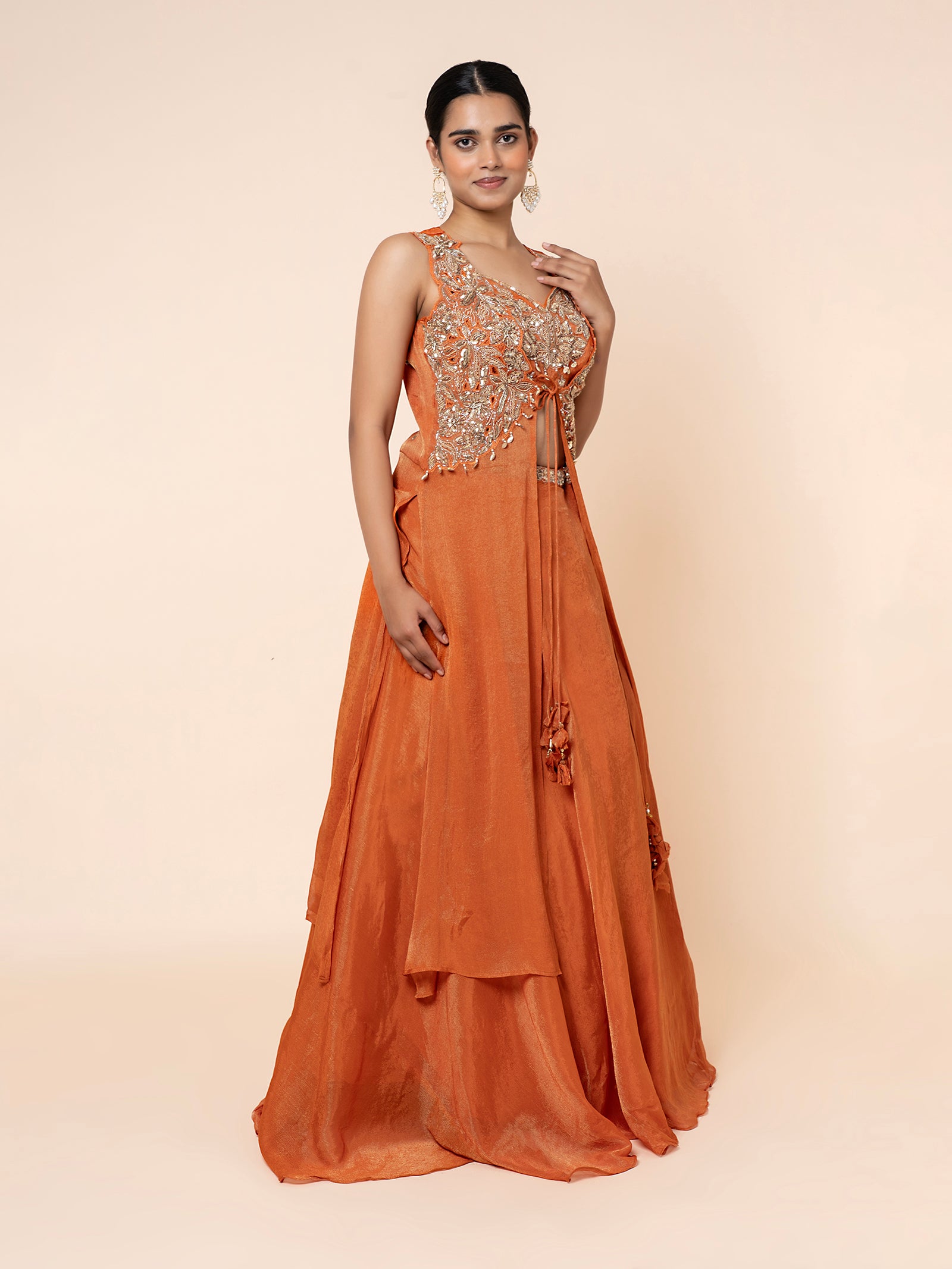 Orange Shimmer Skirt Set with Embroidered Peplum Top