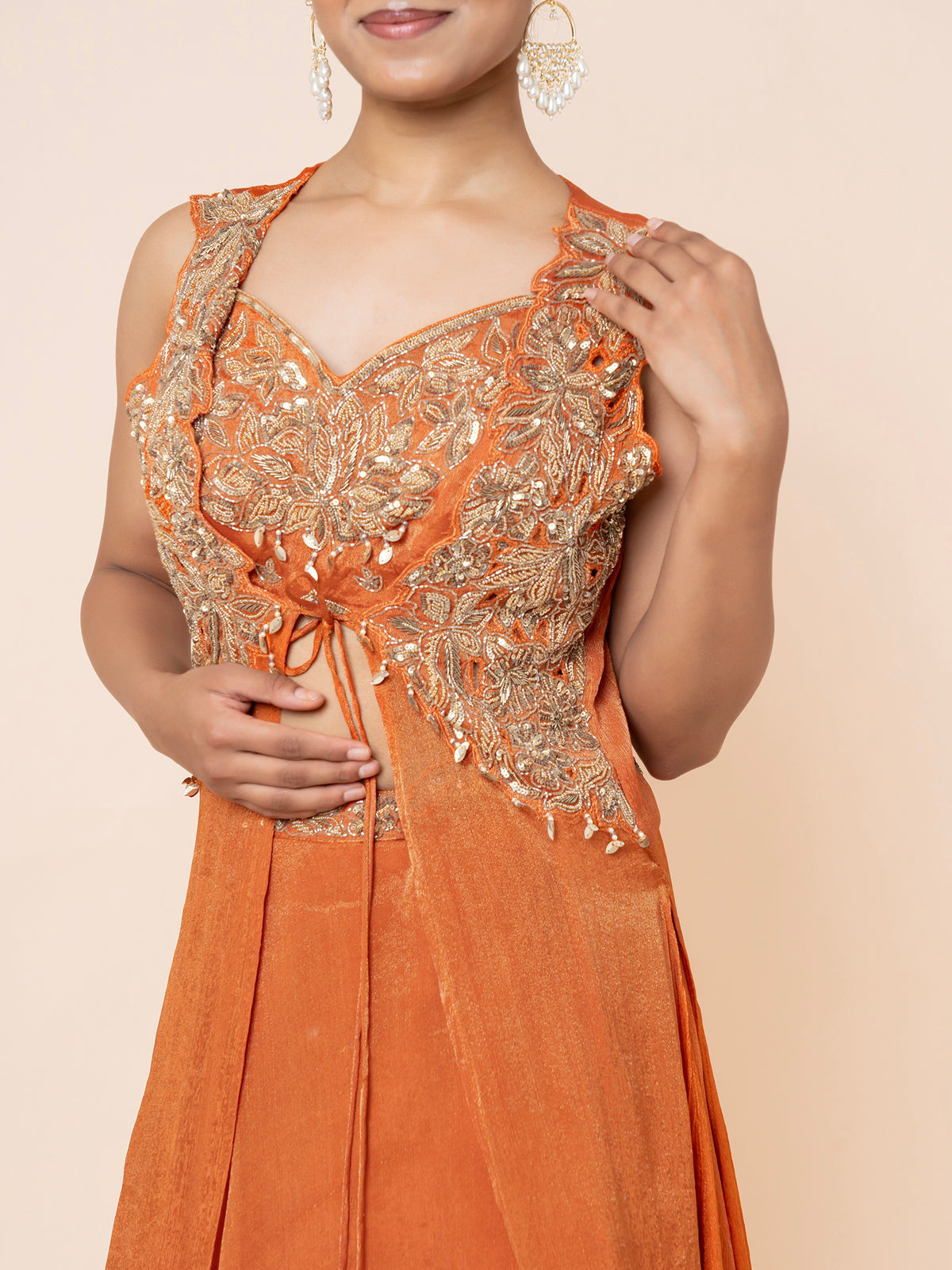 Orange Shimmer Skirt Set with Embroidered Peplum Top