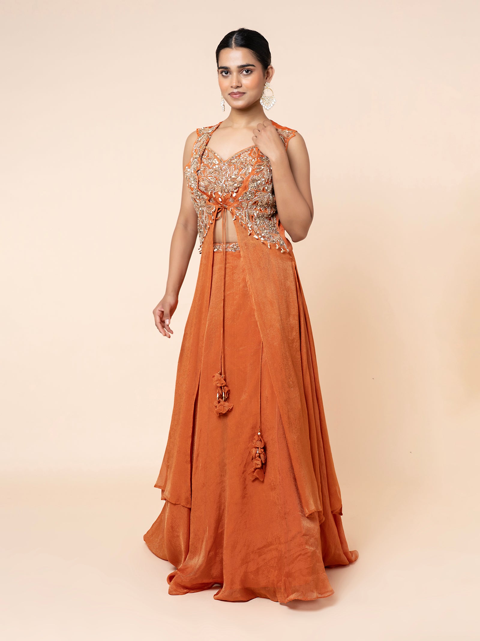 Orange Shimmer Skirt Set with Embroidered Peplum Top