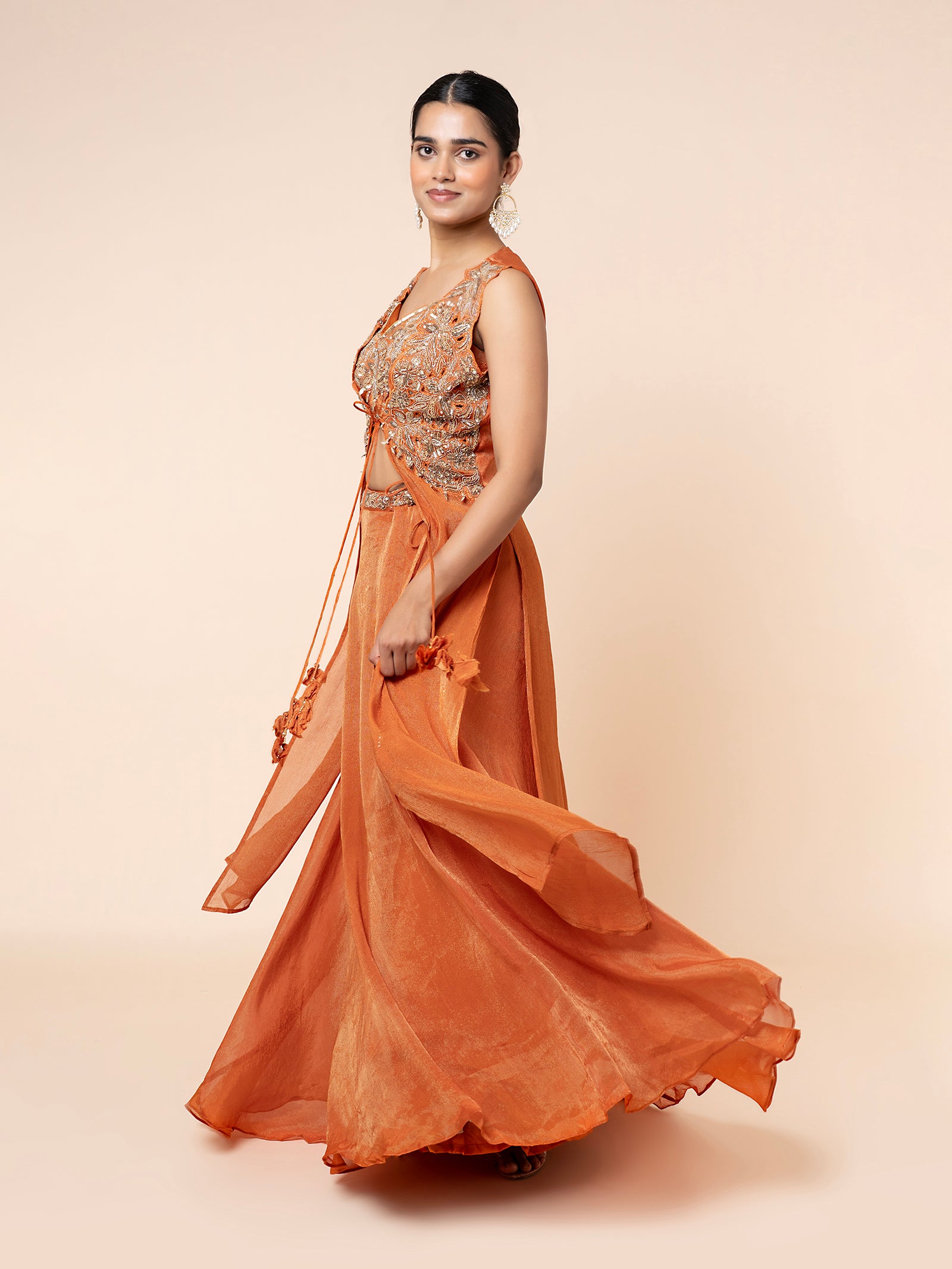 Orange Shimmer Skirt Set with Embroidered Peplum Top