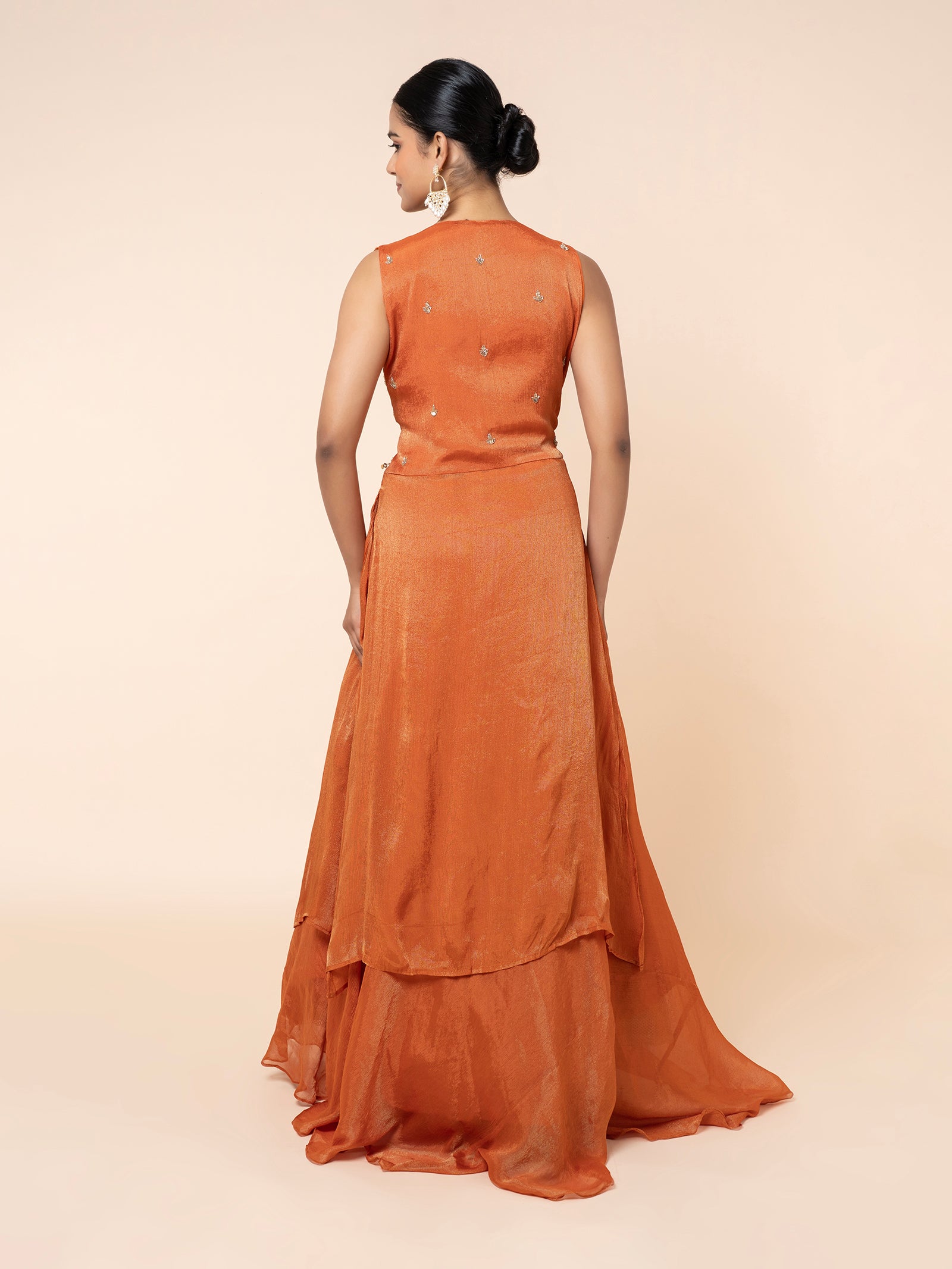 Orange Shimmer Skirt Set with Embroidered Peplum Top