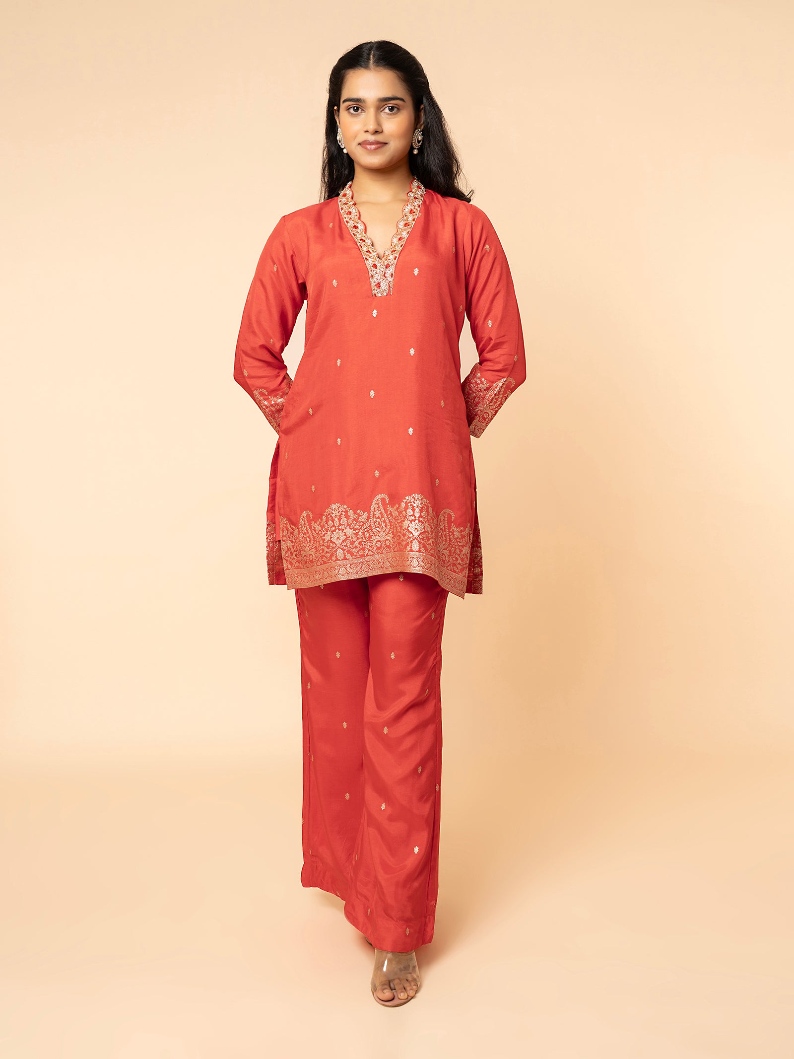 Burnt Orange Silk Co-ord Set with Zari Border & ButI Embroidery