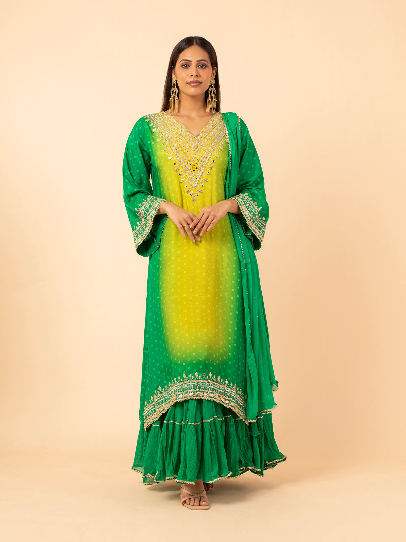 Lime to Forest Ombre Bandhani Print Sharara Ensemble