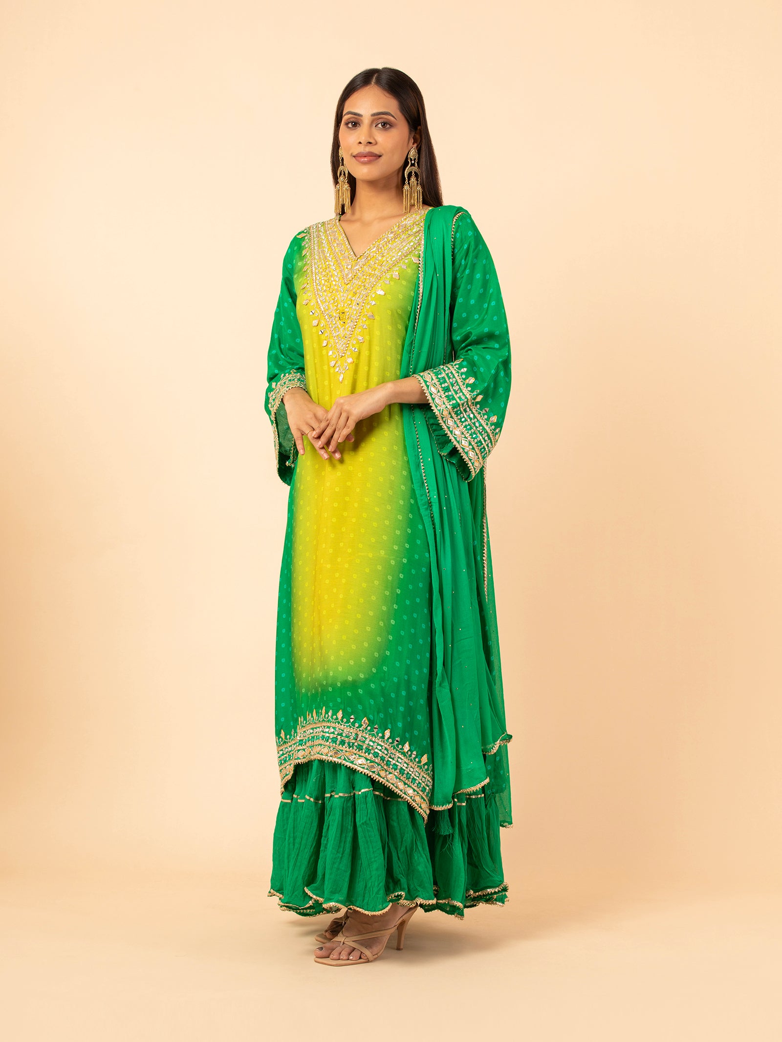 Lime to Forest Ombre Bandhani Print Sharara Ensemble