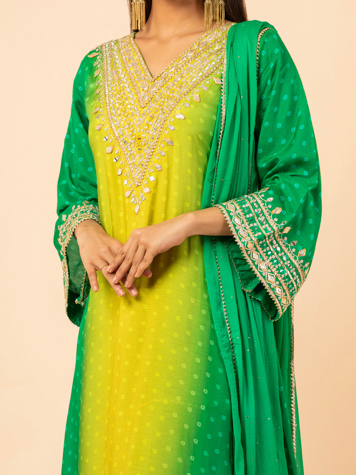 Lime to Forest Ombre Bandhani Print Sharara Ensemble