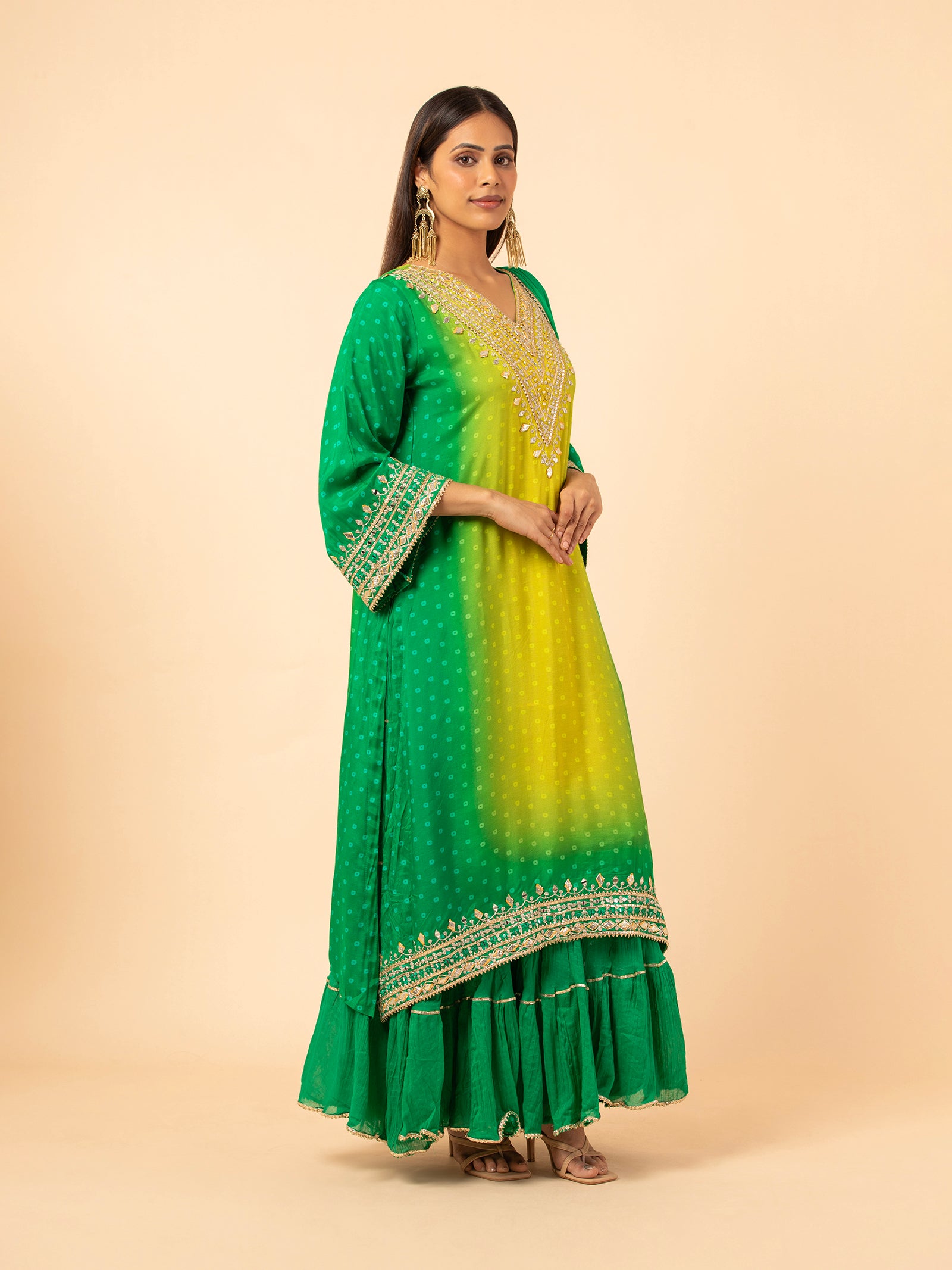 Lime to Forest Ombre Bandhani Print Sharara Ensemble