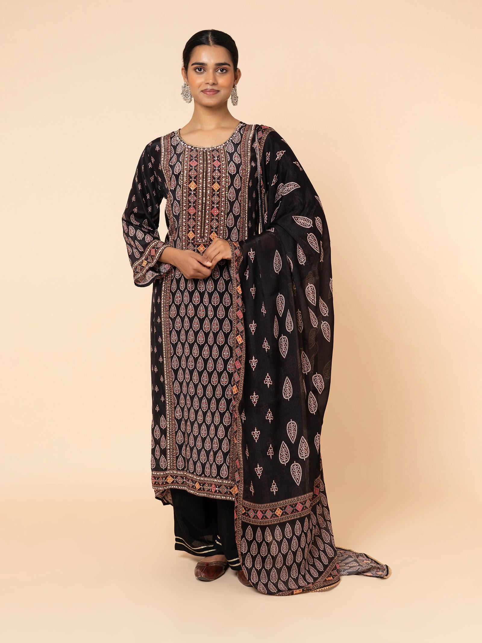 Black Printed Suit Set with Embroidered Bodice