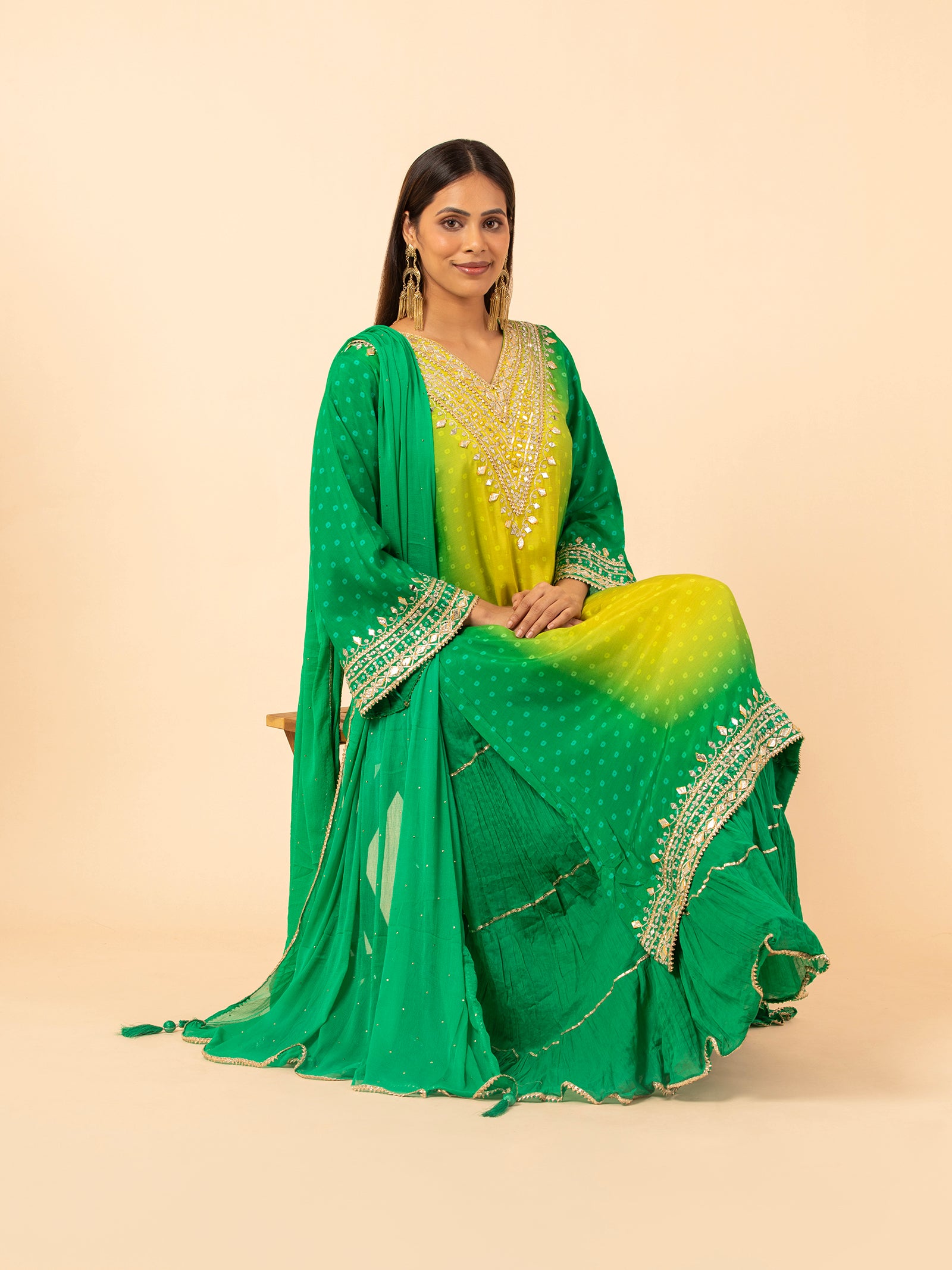 Lime to Forest Ombre Bandhani Print Sharara Ensemble