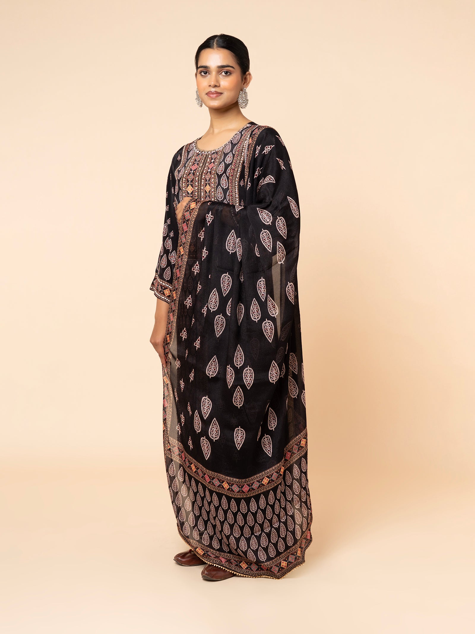 Black Printed Suit Set with Embroidered Bodice
