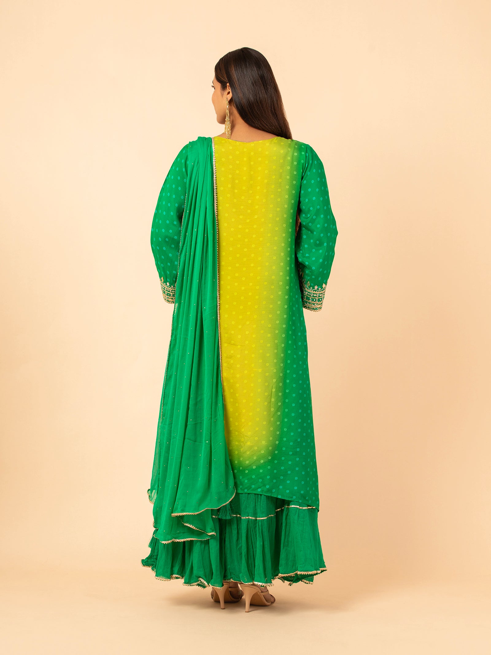 Lime to Forest Ombre Bandhani Print Sharara Ensemble