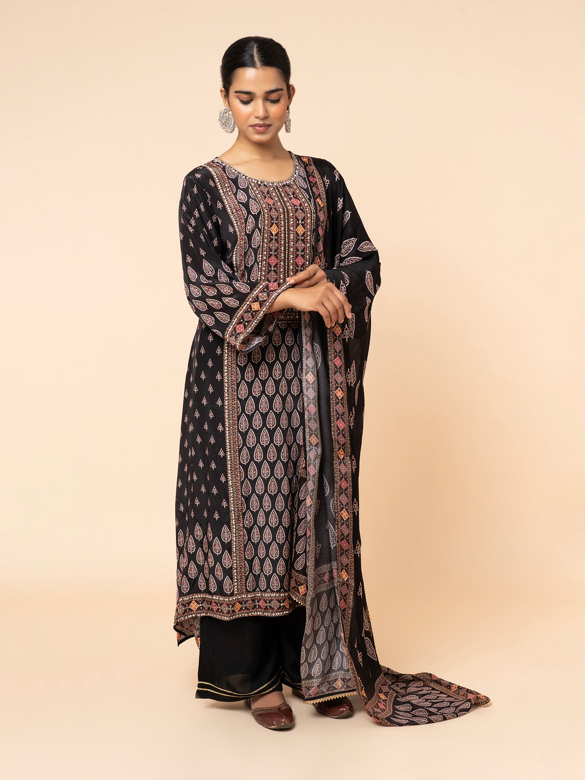 Black Printed Suit Set with Embroidered Bodice