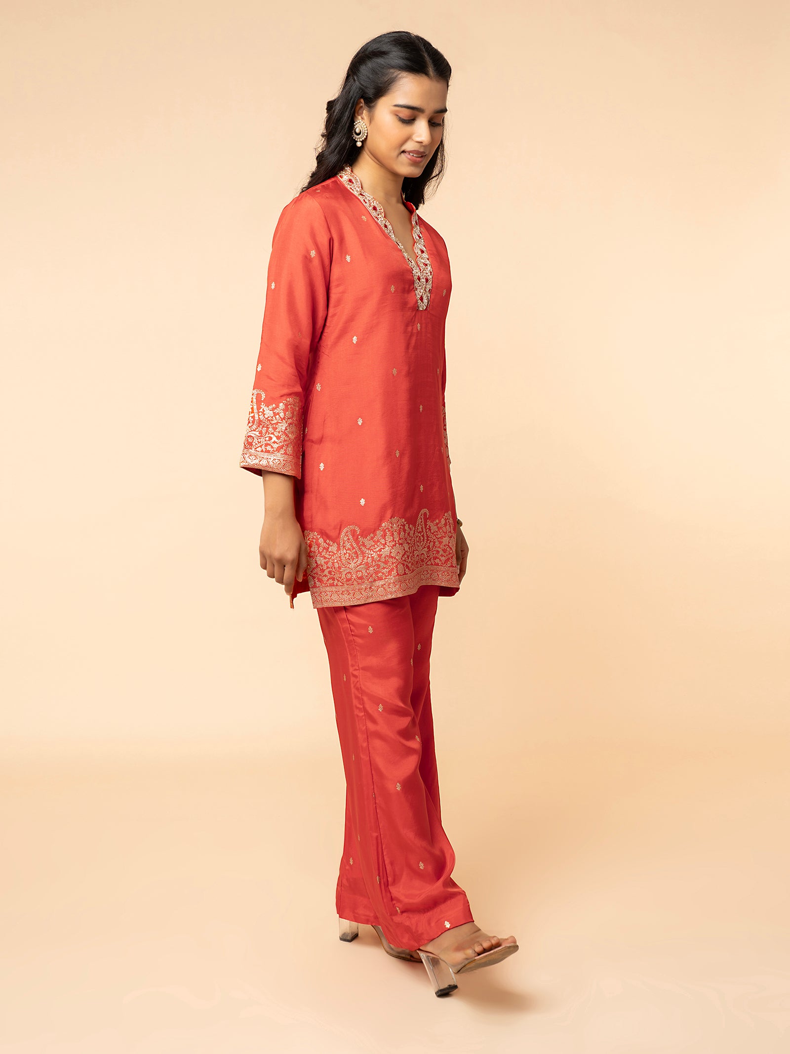 Burnt Orange Silk Co-ord Set with Zari Border & ButI Embroidery