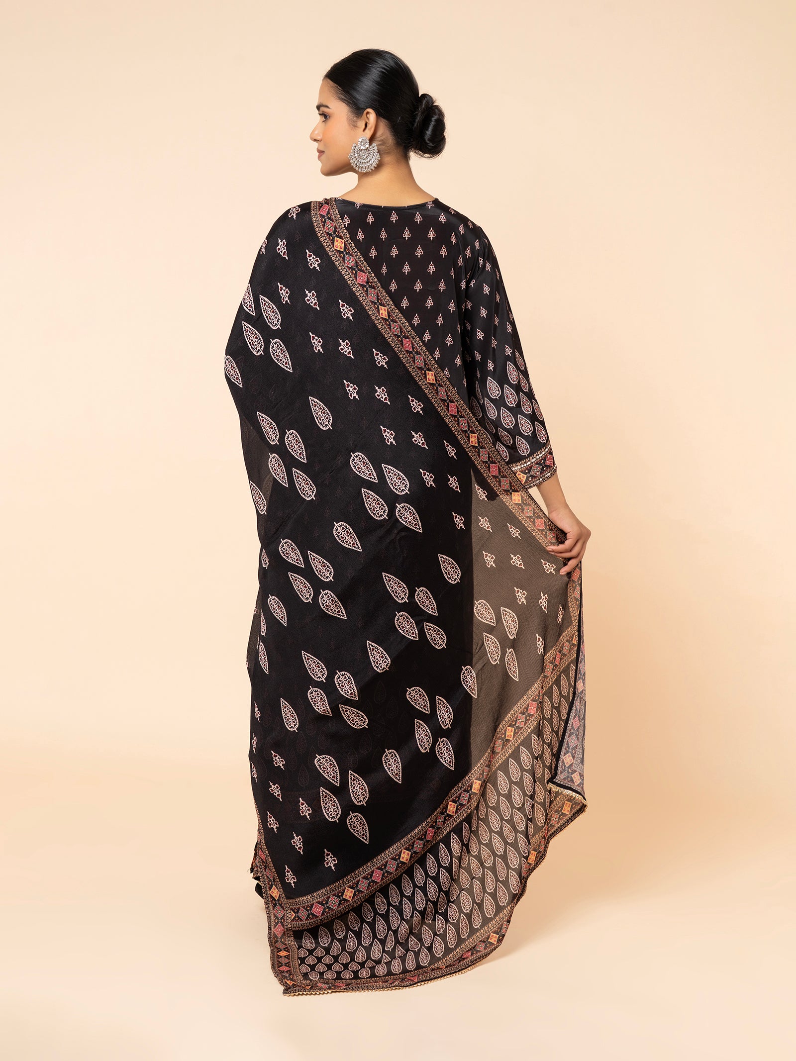 Black Printed Suit Set with Embroidered Bodice