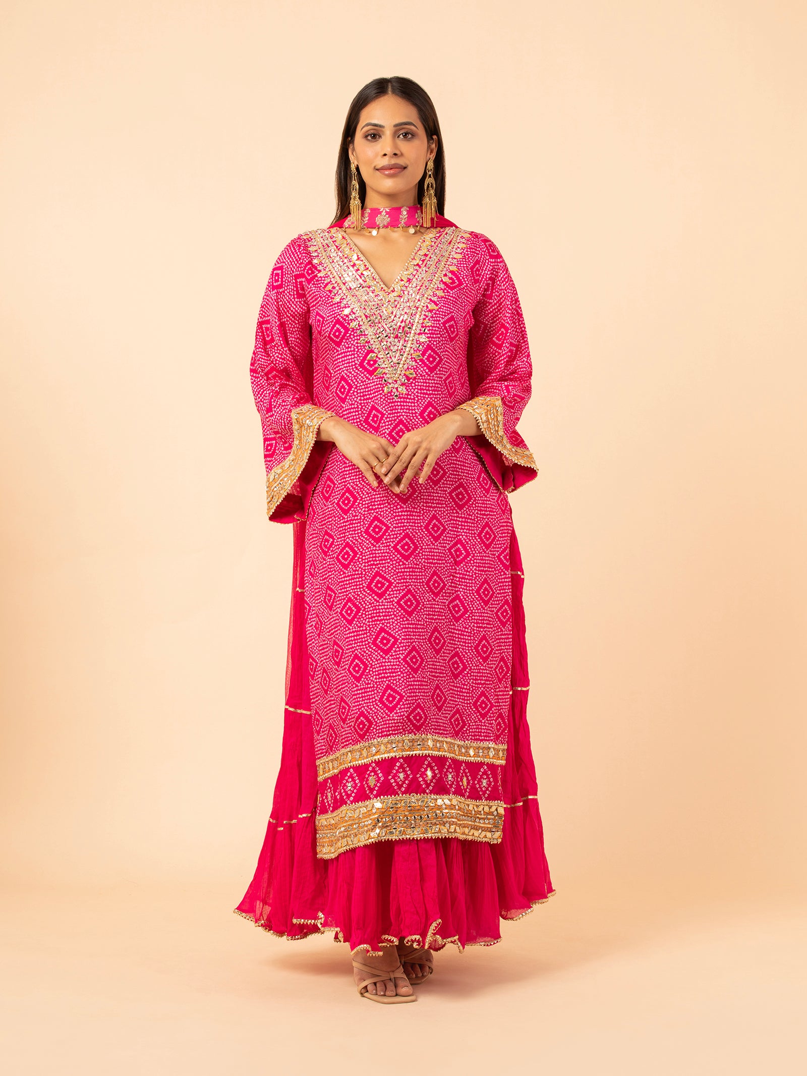 Fuchsia Diamond Bandhani Print Sharara Set