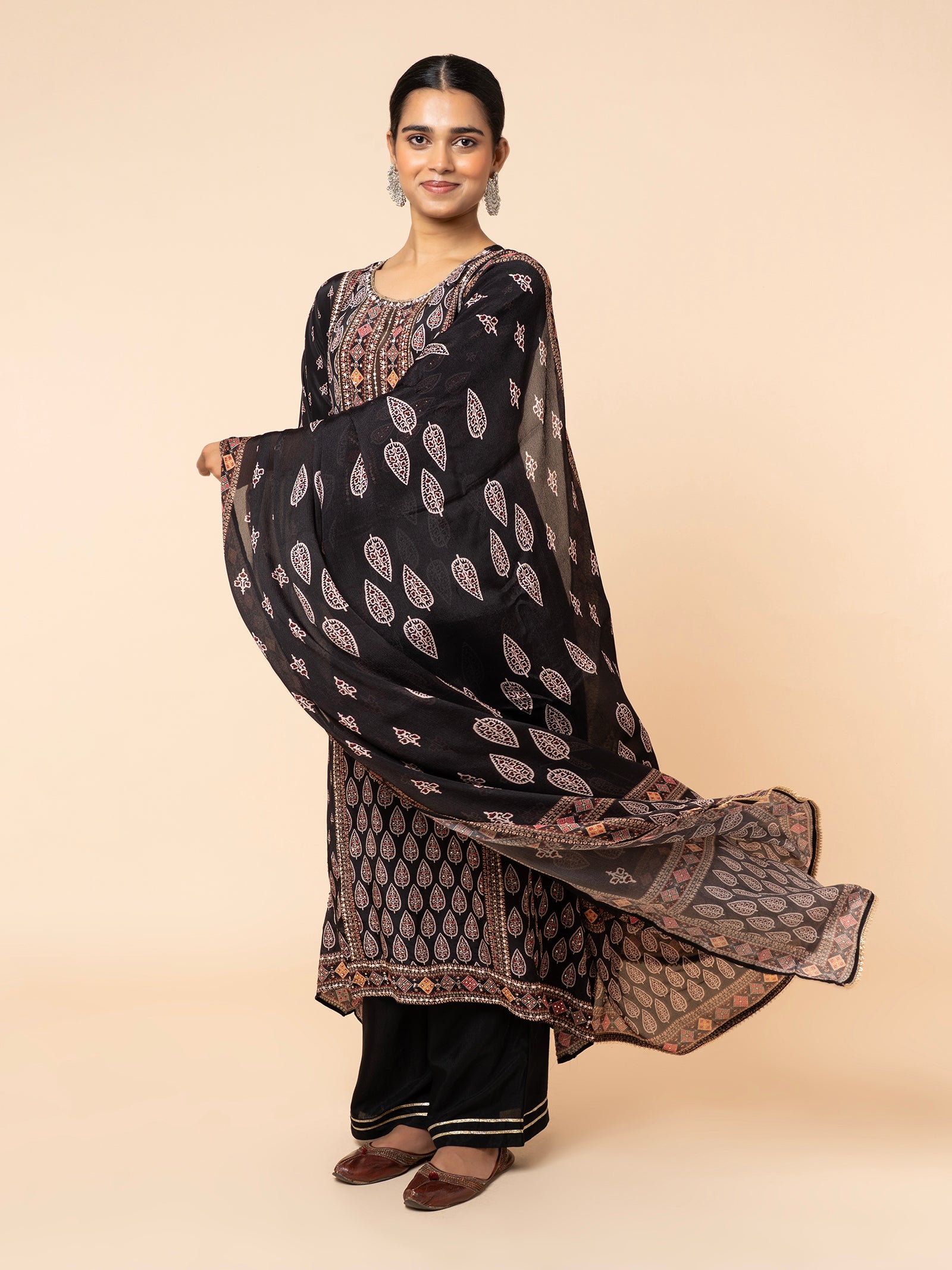 Black Printed Suit Set with Embroidered Bodice
