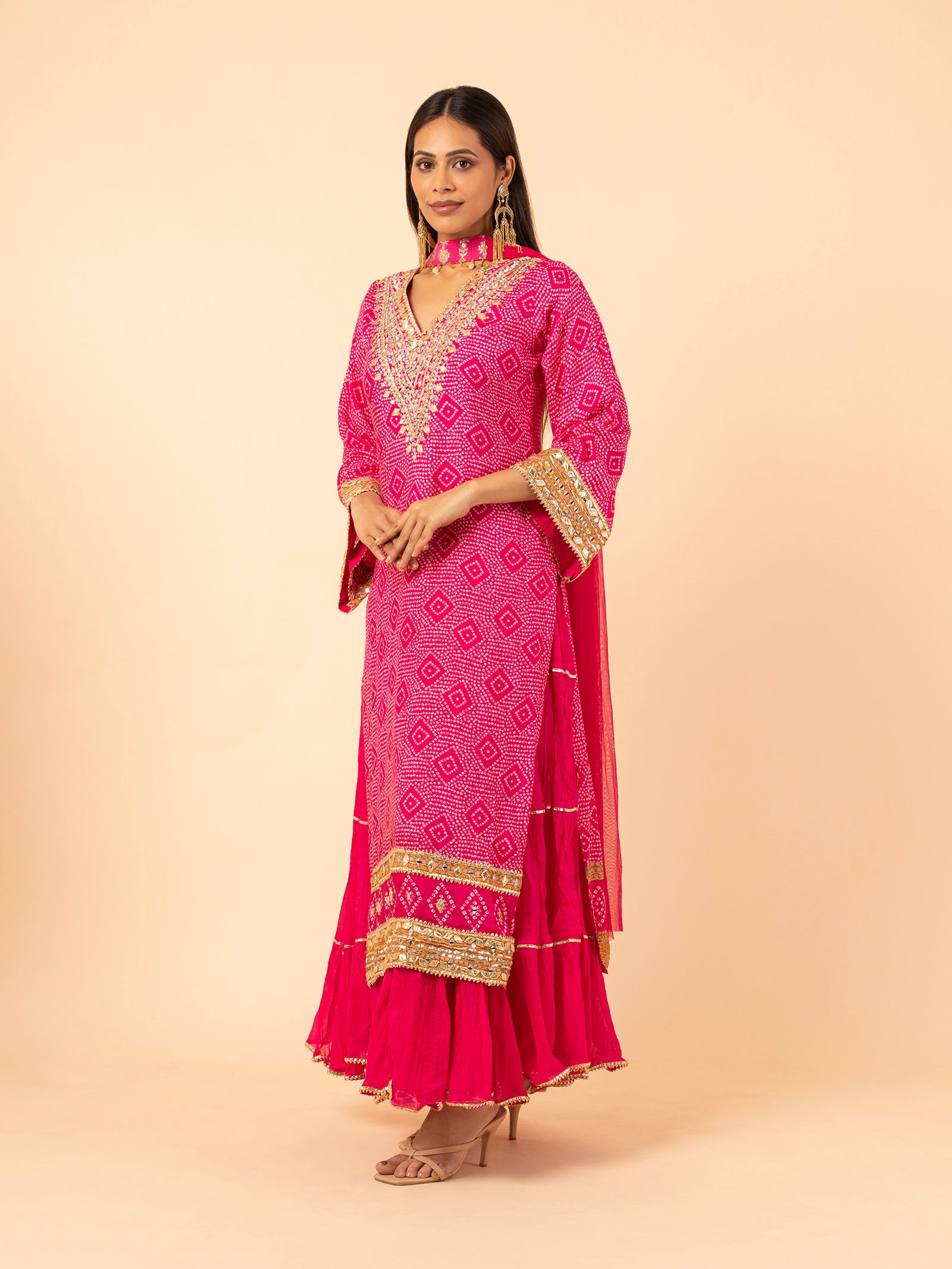 Fuchsia Diamond Bandhani Print Sharara Set