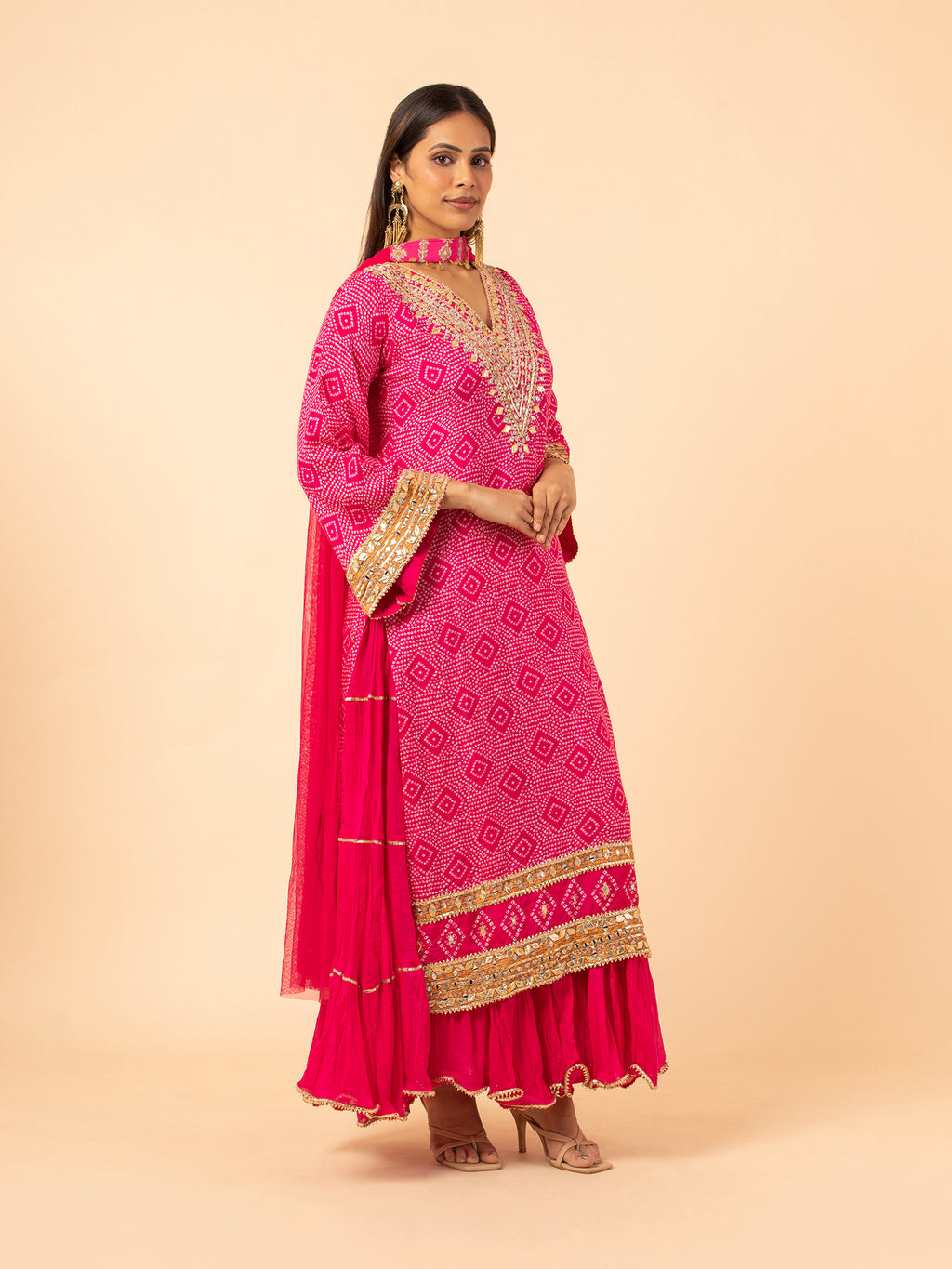 Fuchsia Diamond Bandhani Print Sharara Set