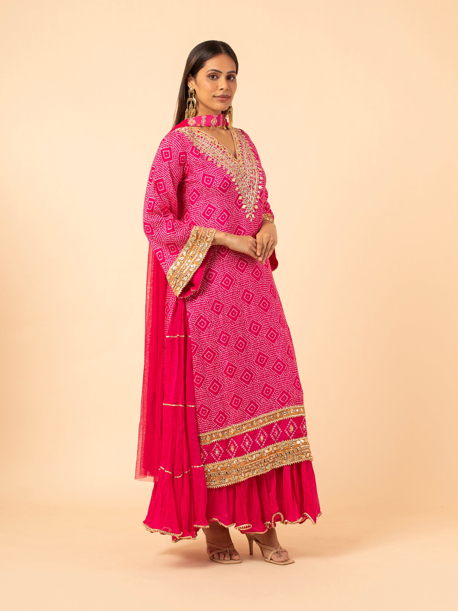 Fuchsia Diamond Bandhani Print Sharara Set