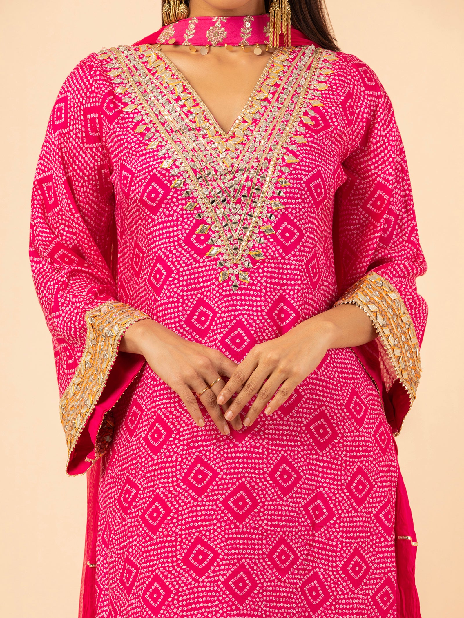 Fuchsia Diamond Bandhani Print Sharara Set