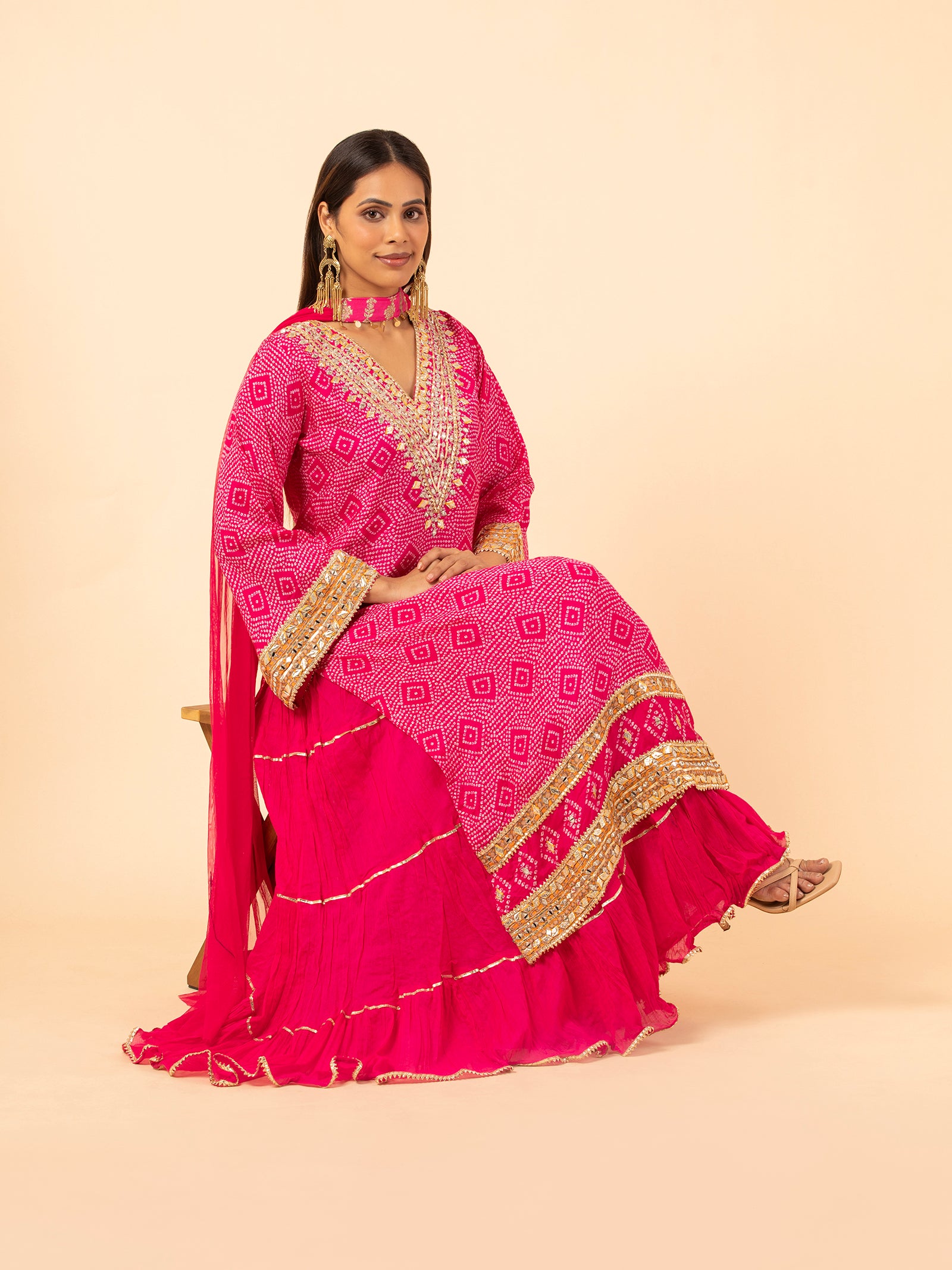 Fuchsia Diamond Bandhani Print Sharara Set