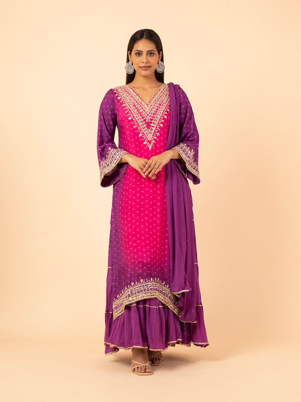 Magenta to Purple Ombre Bandhani Print Sharara Ensemble