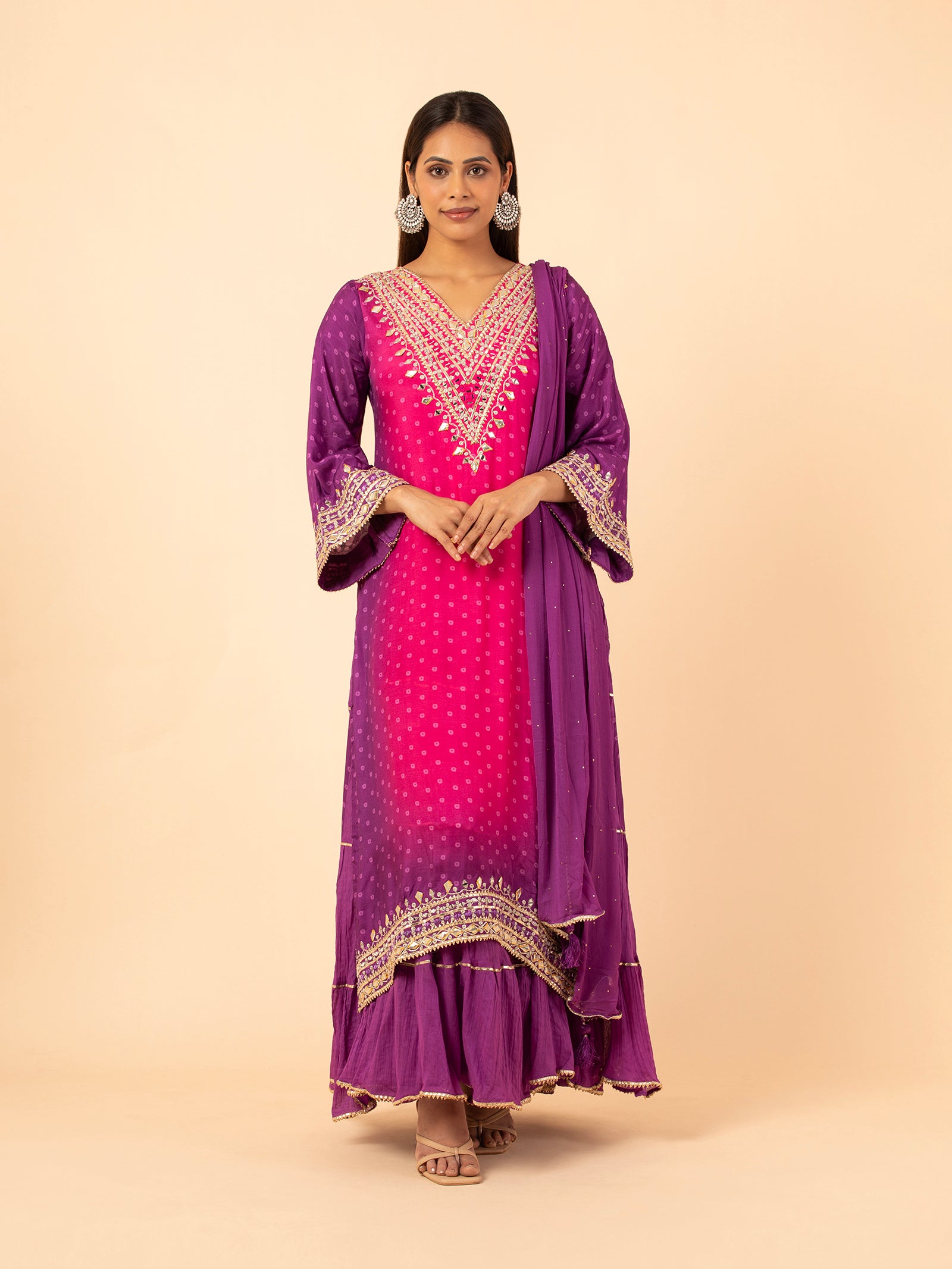 Magenta to Purple Ombre Bandhani Print Sharara Ensemble