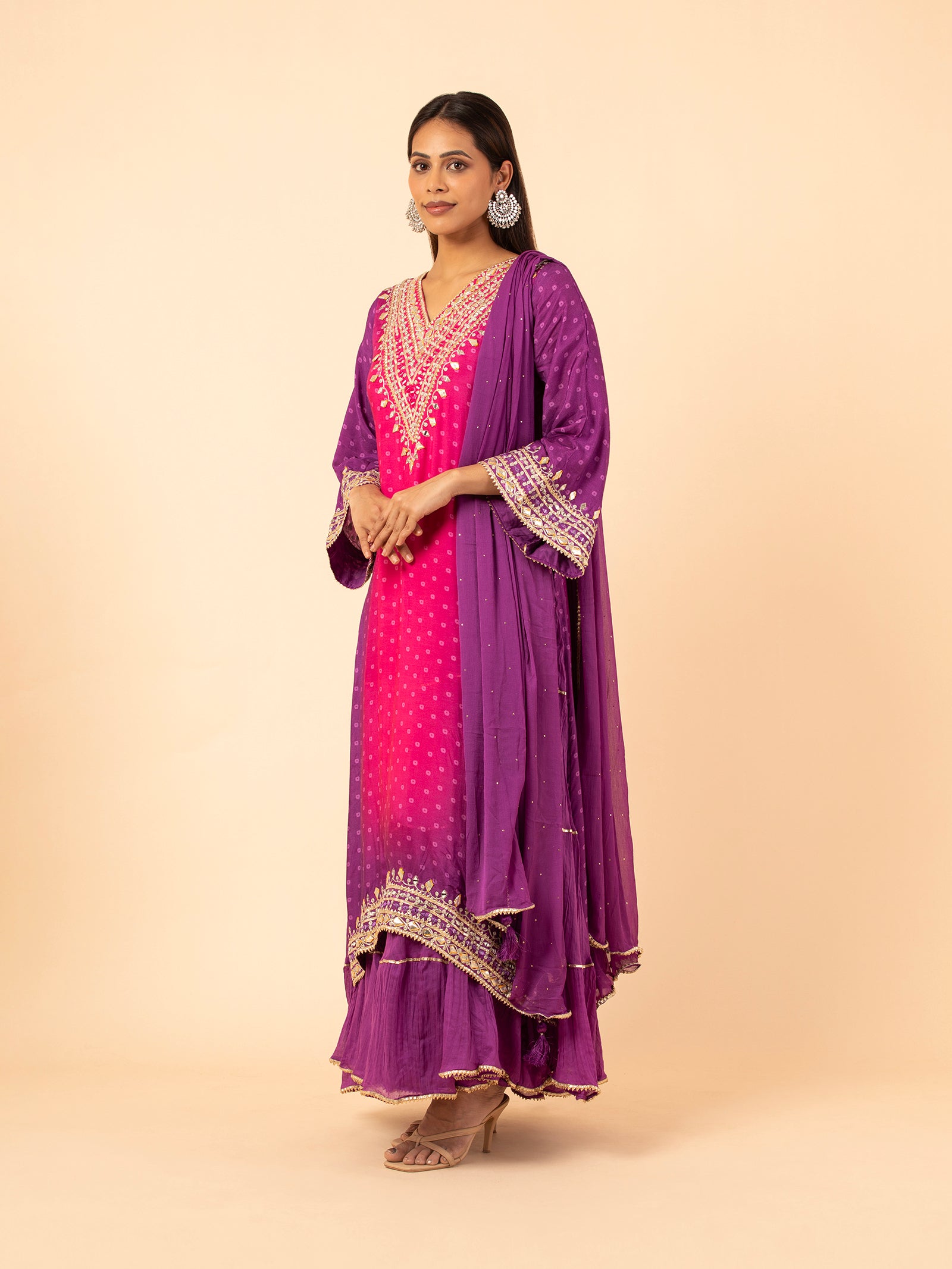 Magenta to Purple Ombre Bandhani Print Sharara Ensemble