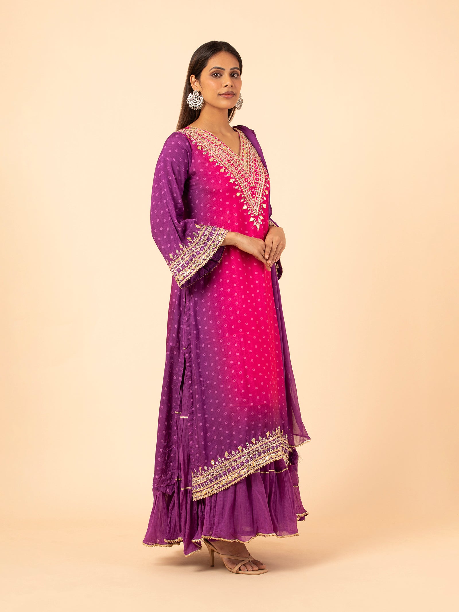 Magenta to Purple Ombre Bandhani Print Sharara Ensemble