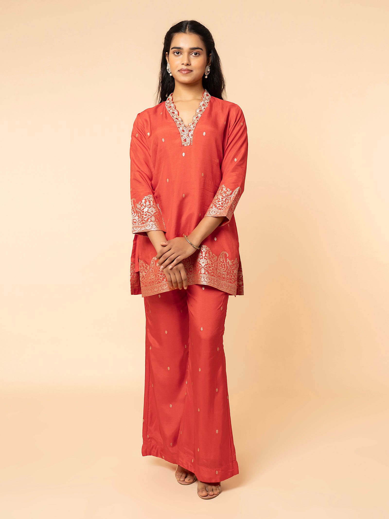 Burnt Orange Silk Co-ord Set with Zari Border & ButI Embroidery