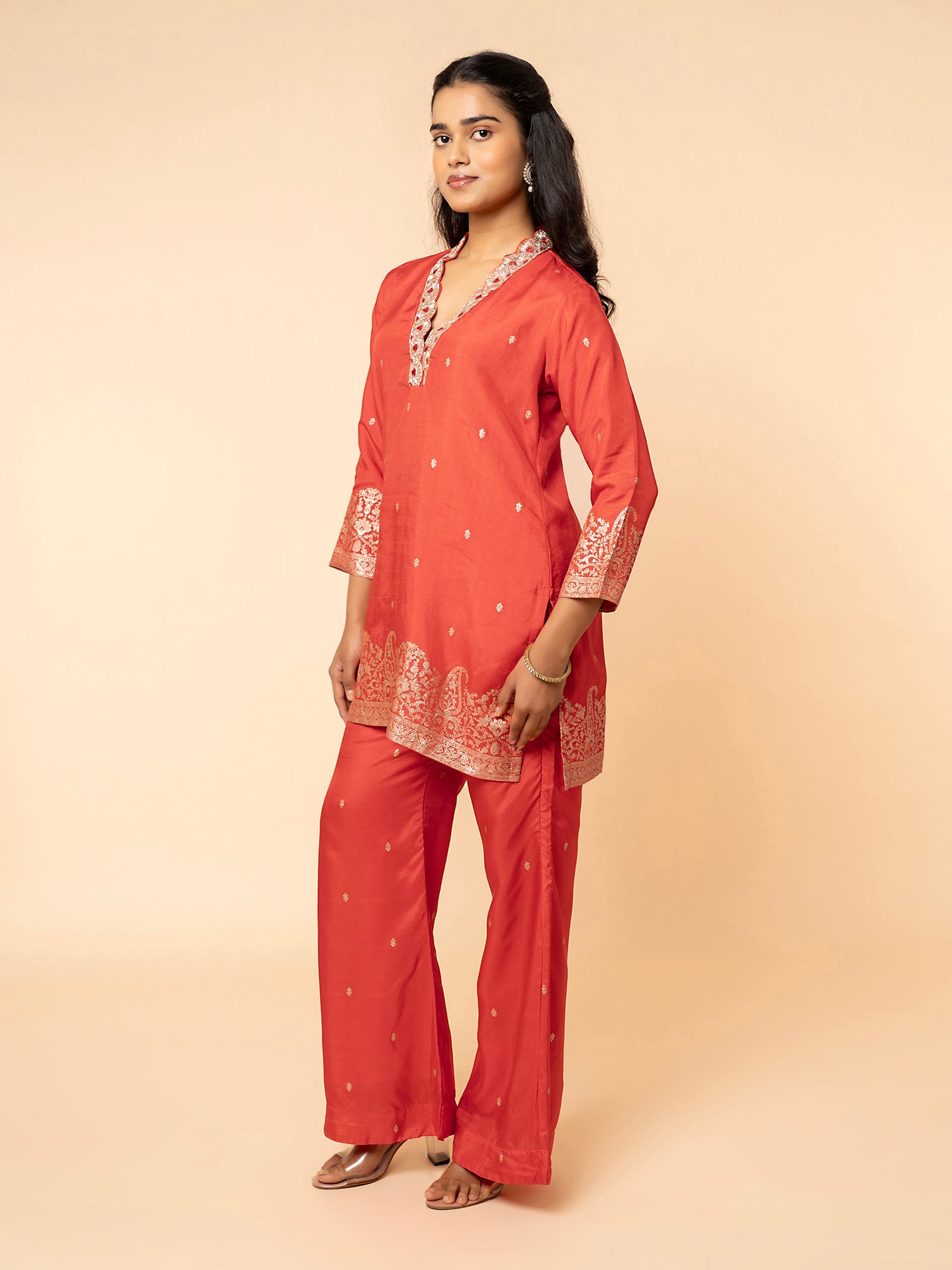 Burnt Orange Silk Co-ord Set with Zari Border & ButI Embroidery