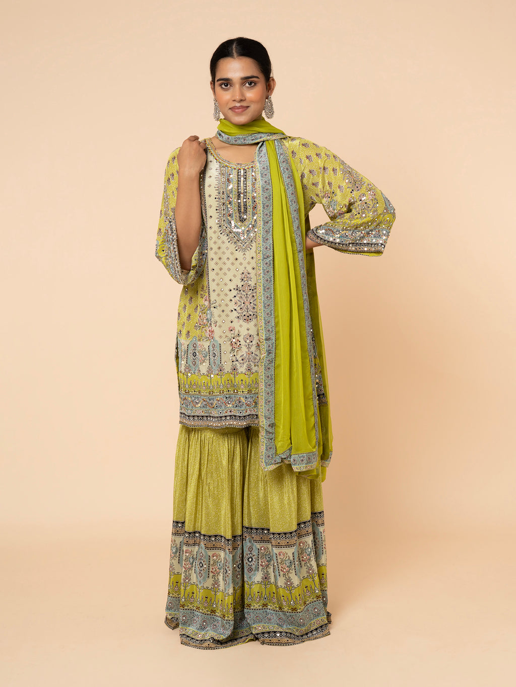 Olive Green Printed Gharara Ensemble