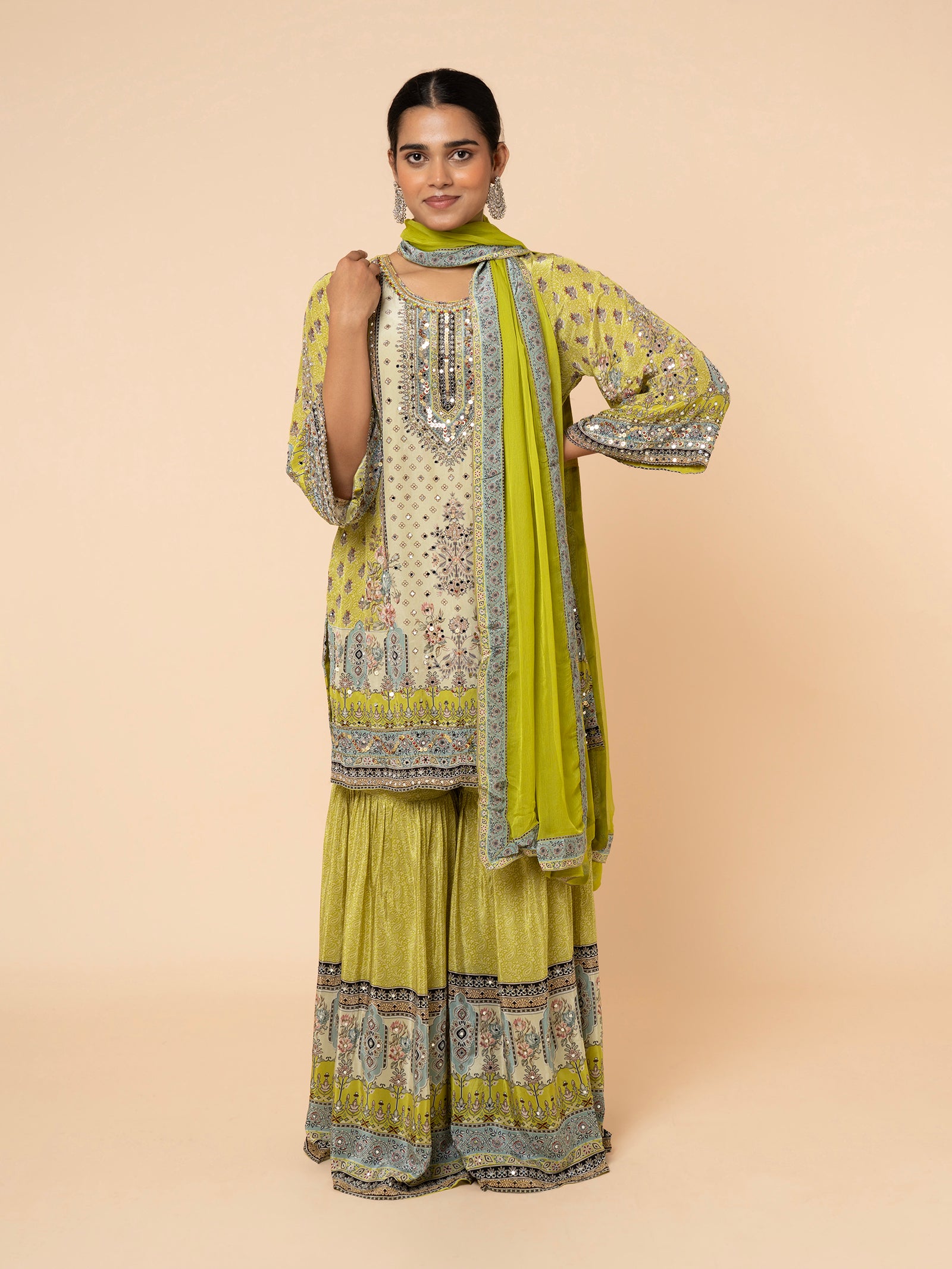 Olive Green Printed Gharara Ensemble