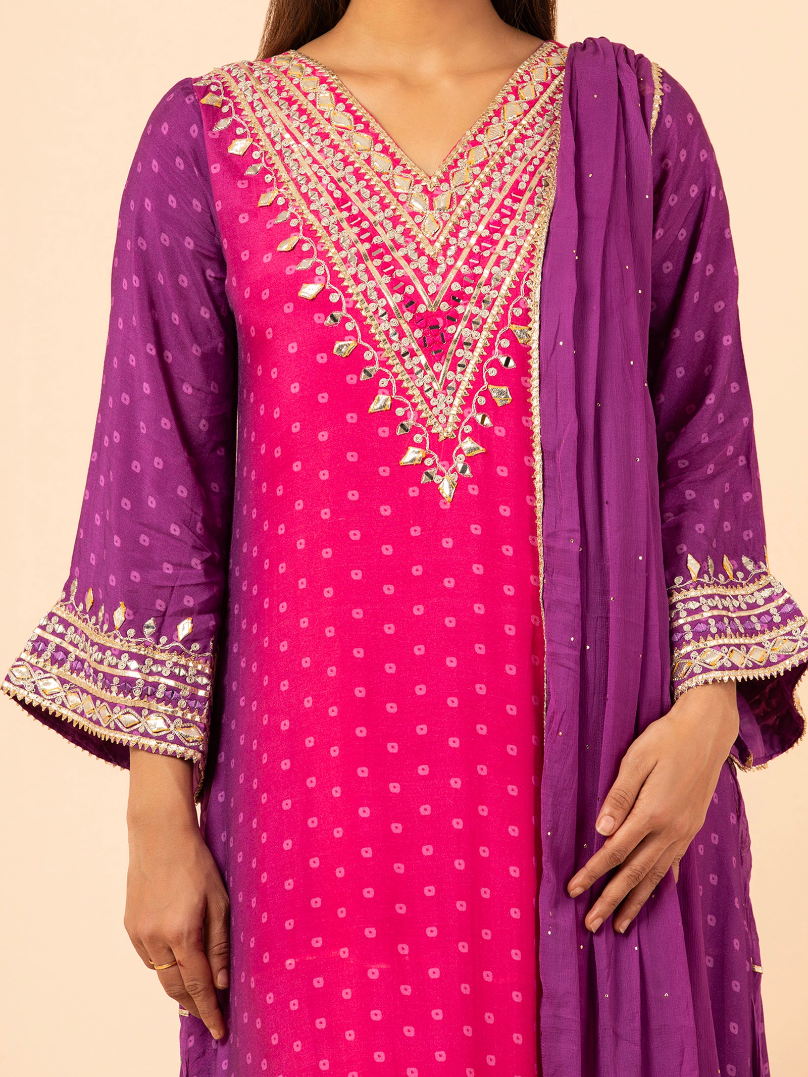 Magenta to Purple Ombre Bandhani Print Sharara Ensemble