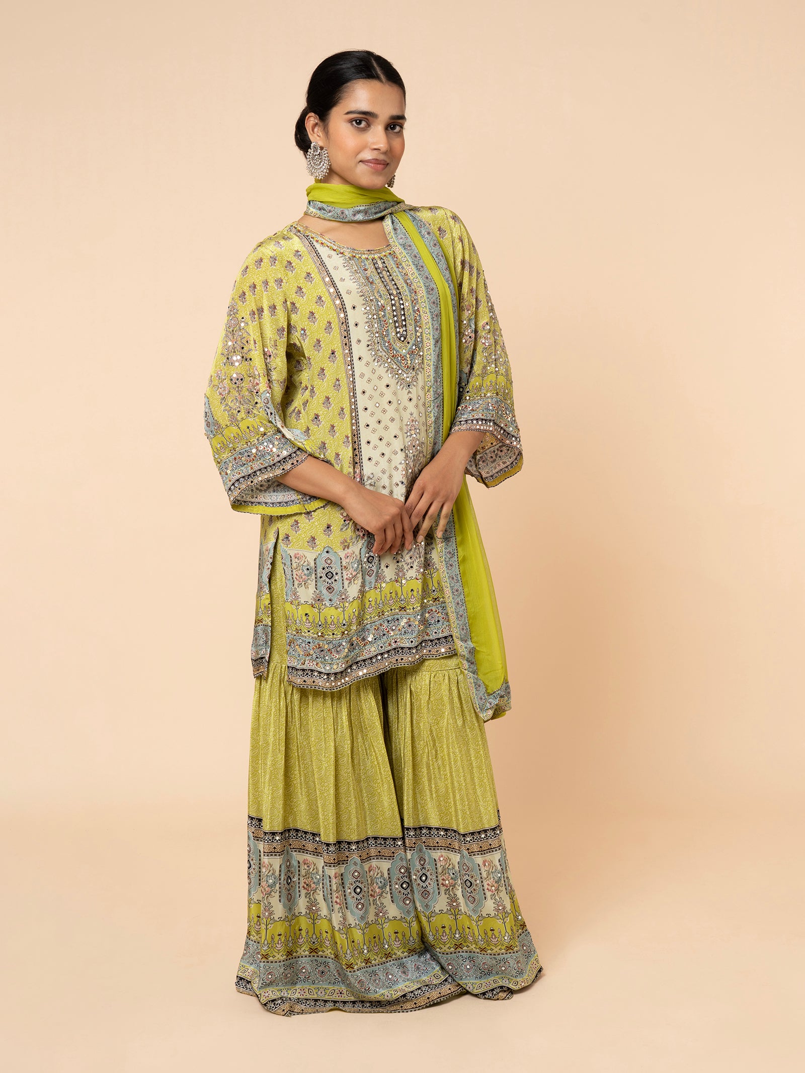 Olive Green Printed Gharara Ensemble