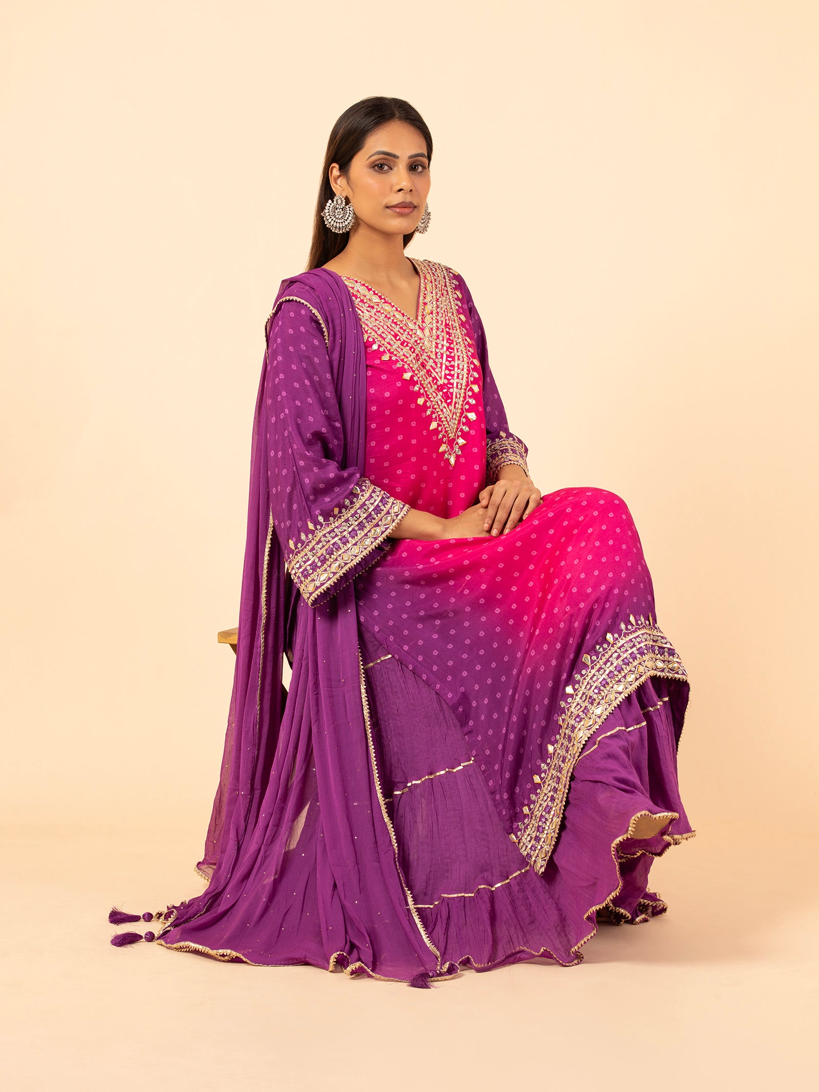 Magenta to Purple Ombre Bandhani Print Sharara Ensemble