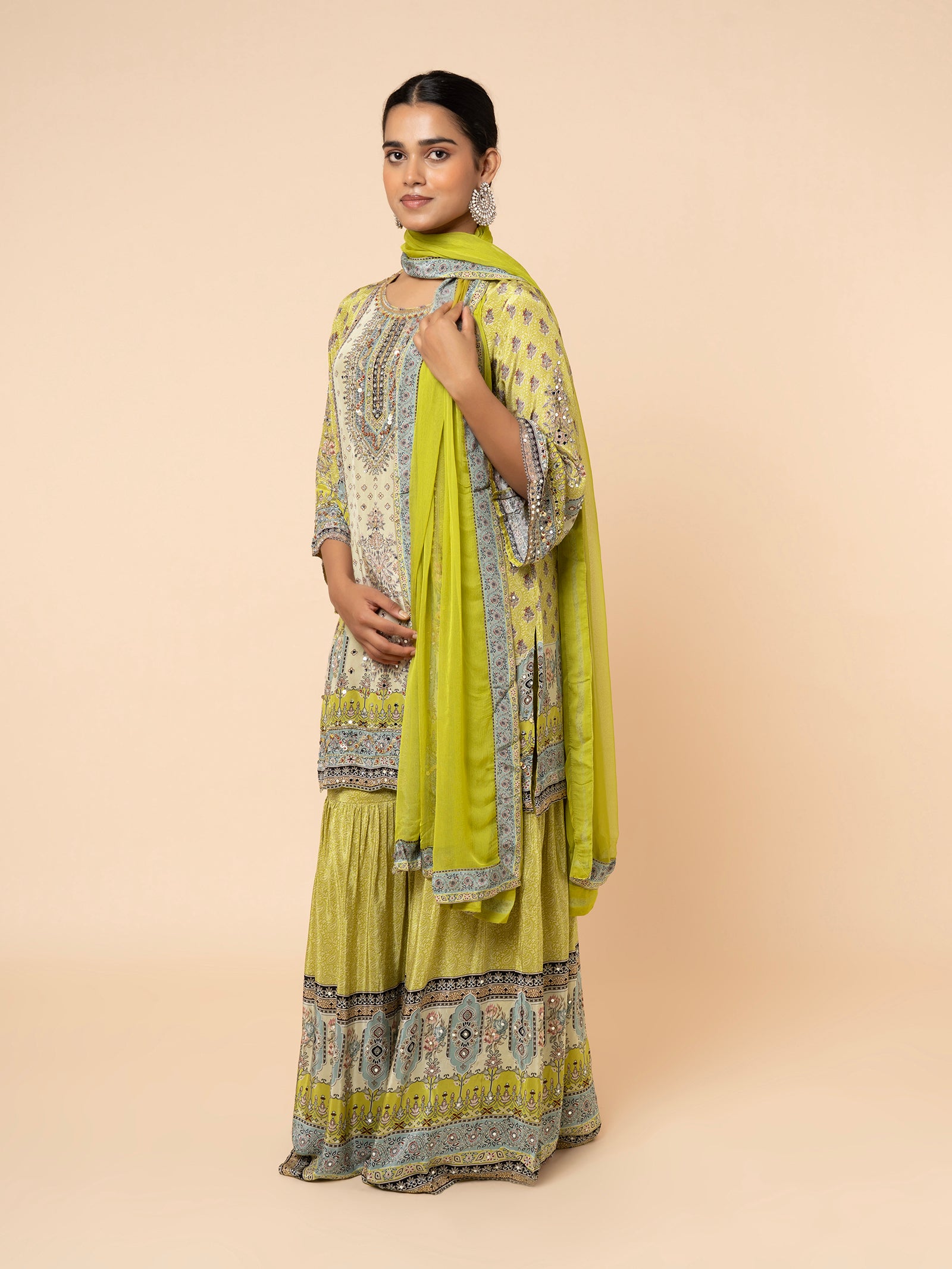 Olive Green Printed Gharara Ensemble