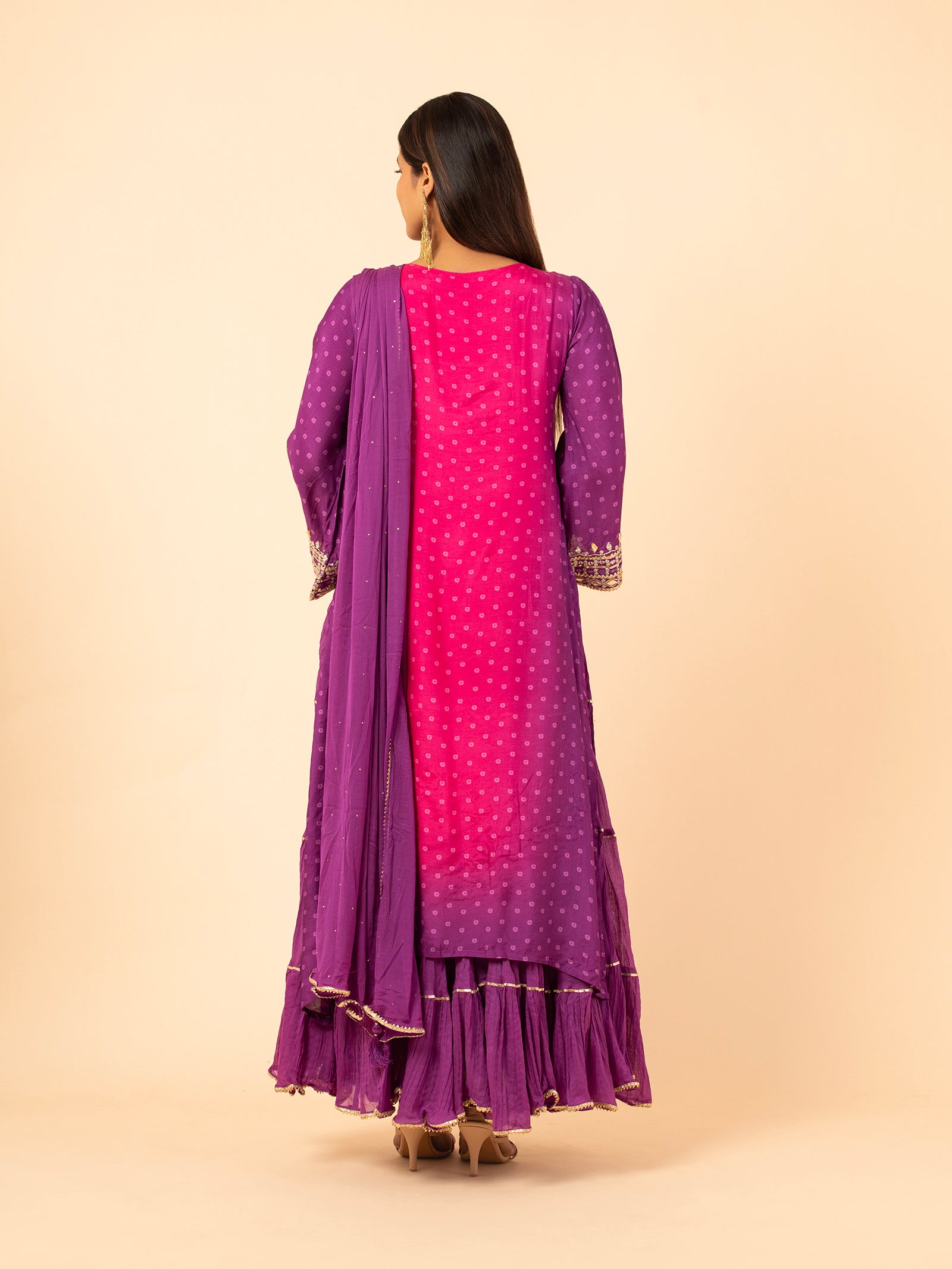 Magenta to Purple Ombre Bandhani Print Sharara Ensemble