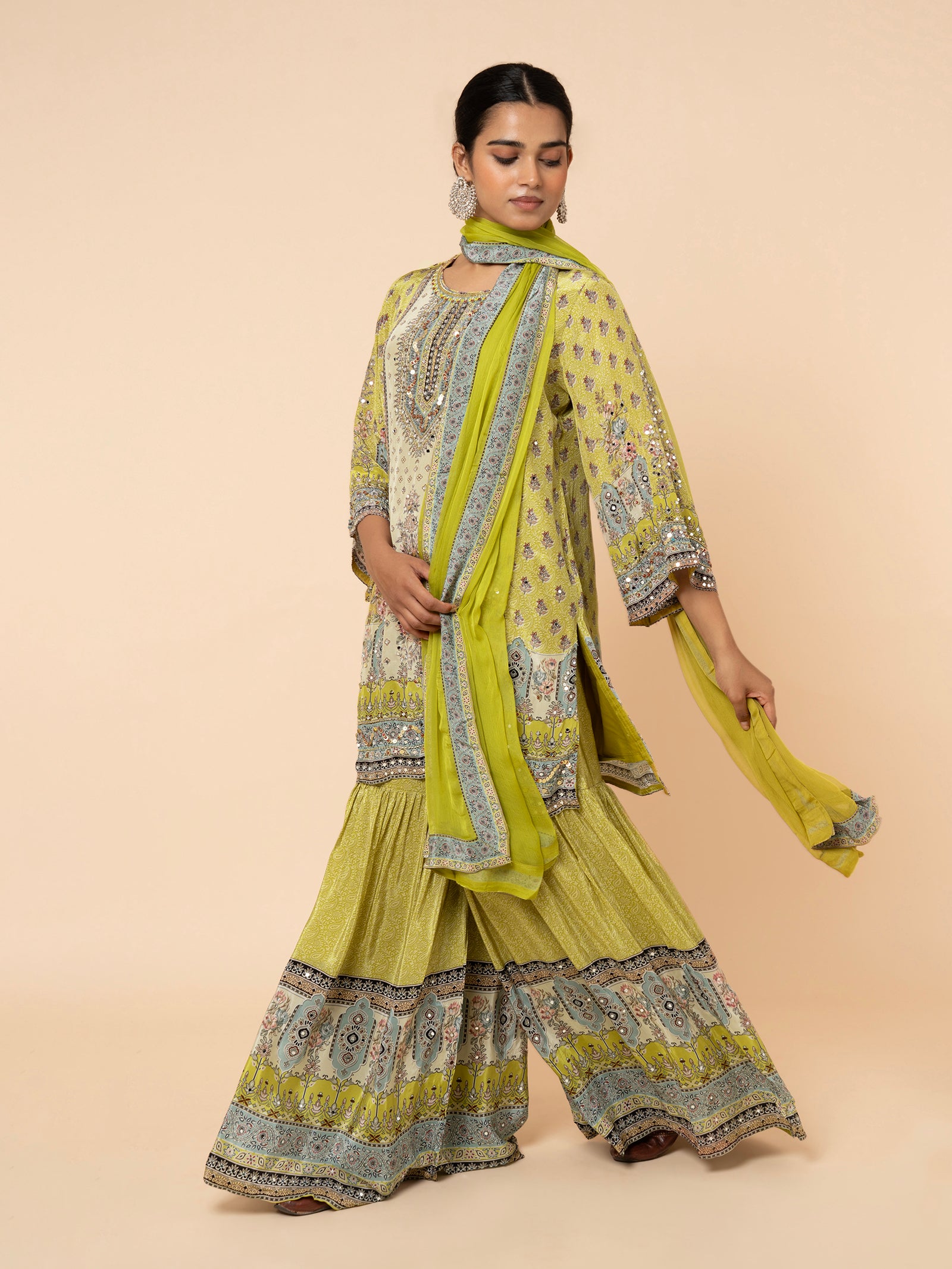 Olive Green Printed Gharara Ensemble