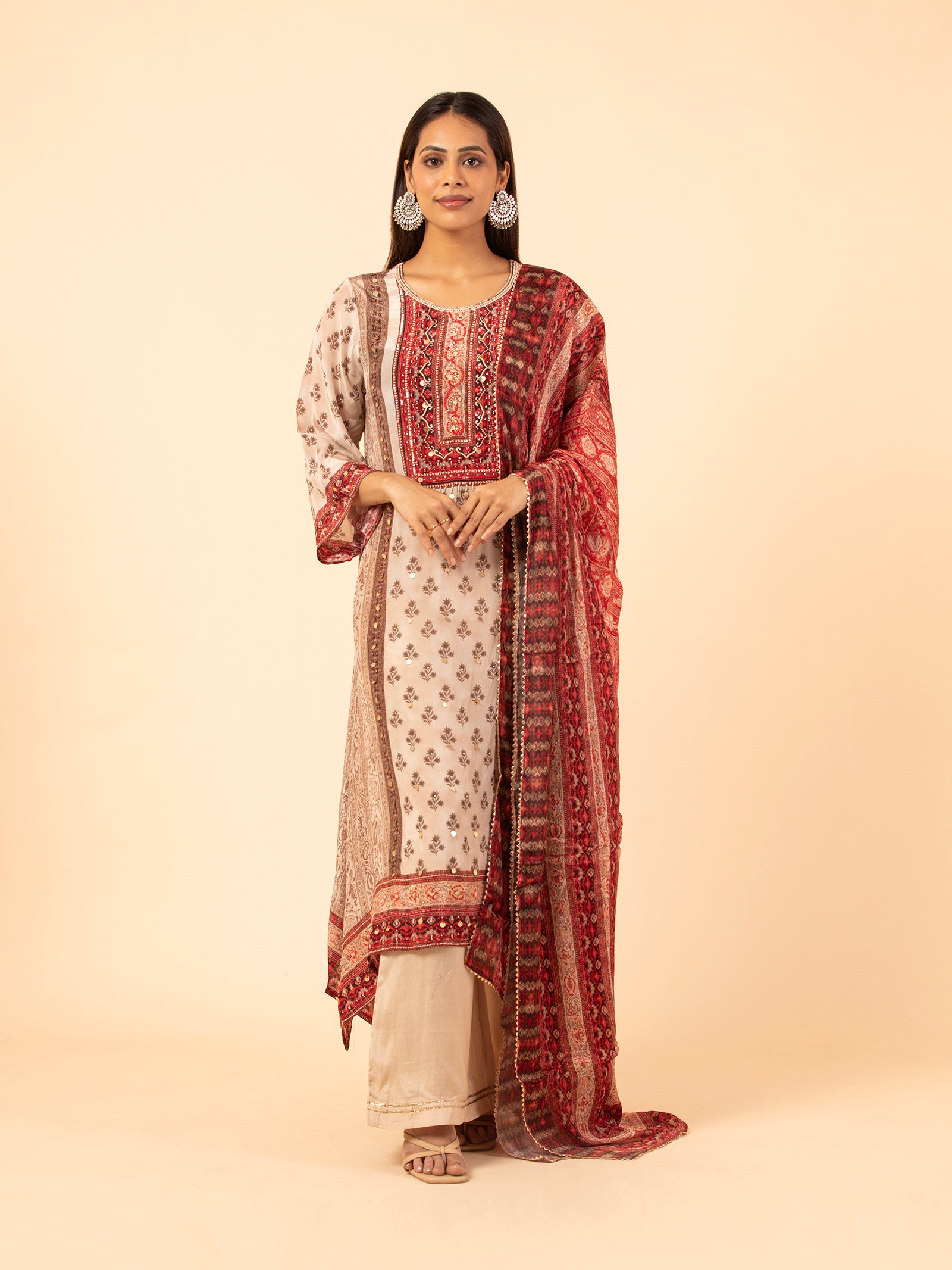 Ivory and Madder Red Printed Silk Ensemble