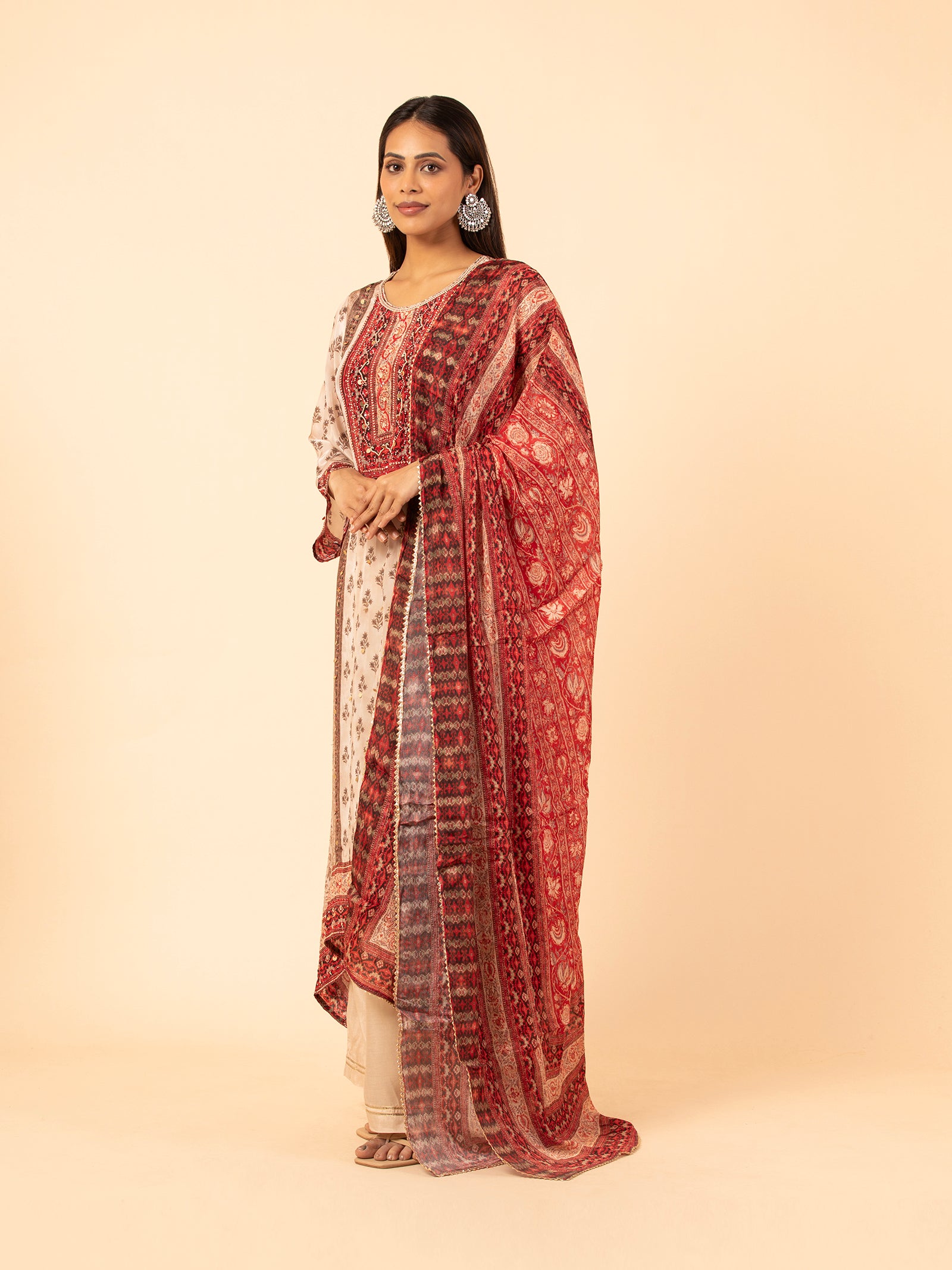 Ivory and Madder Red Printed Silk Ensemble