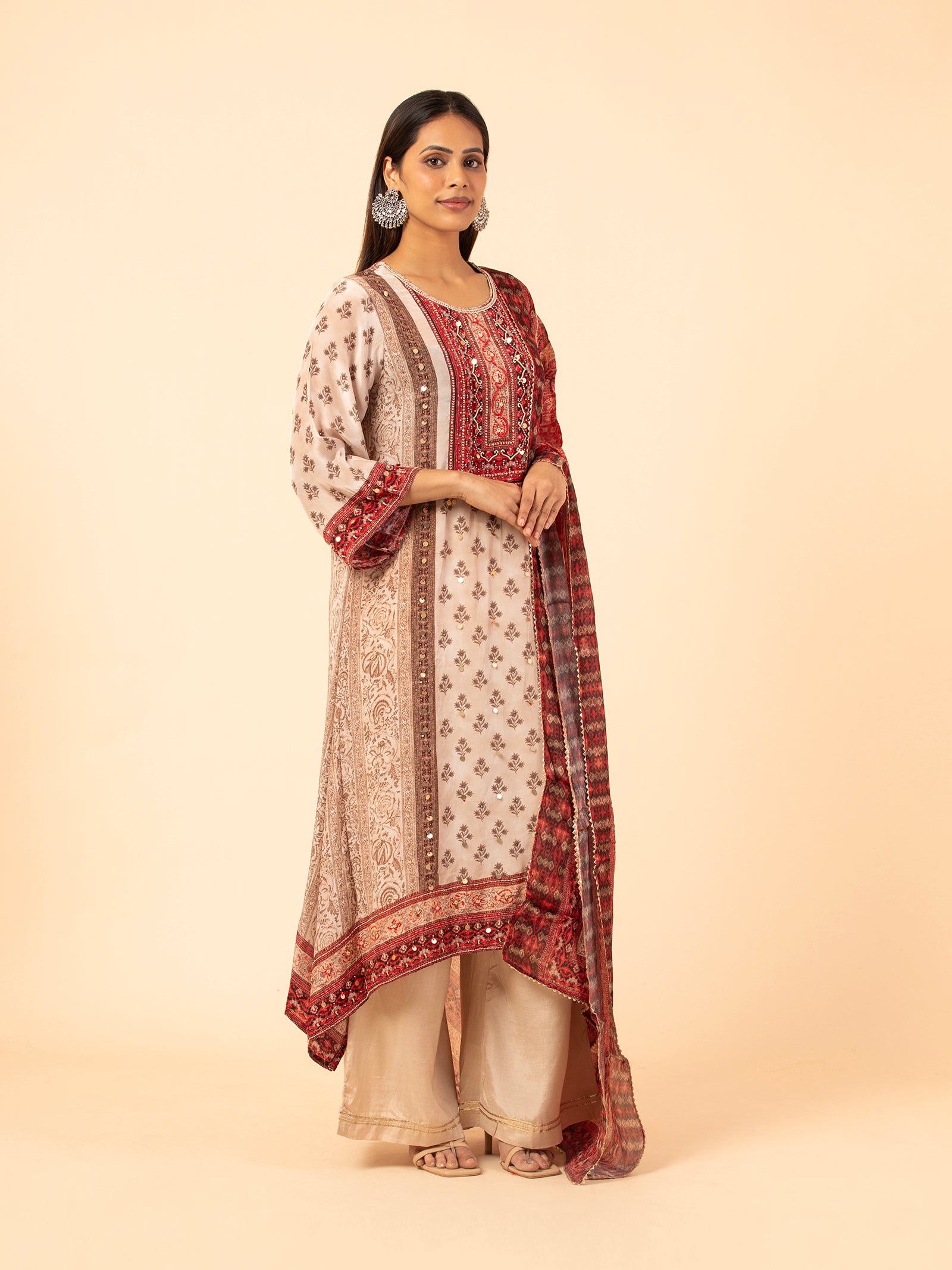 Ivory and Madder Red Printed Silk Ensemble