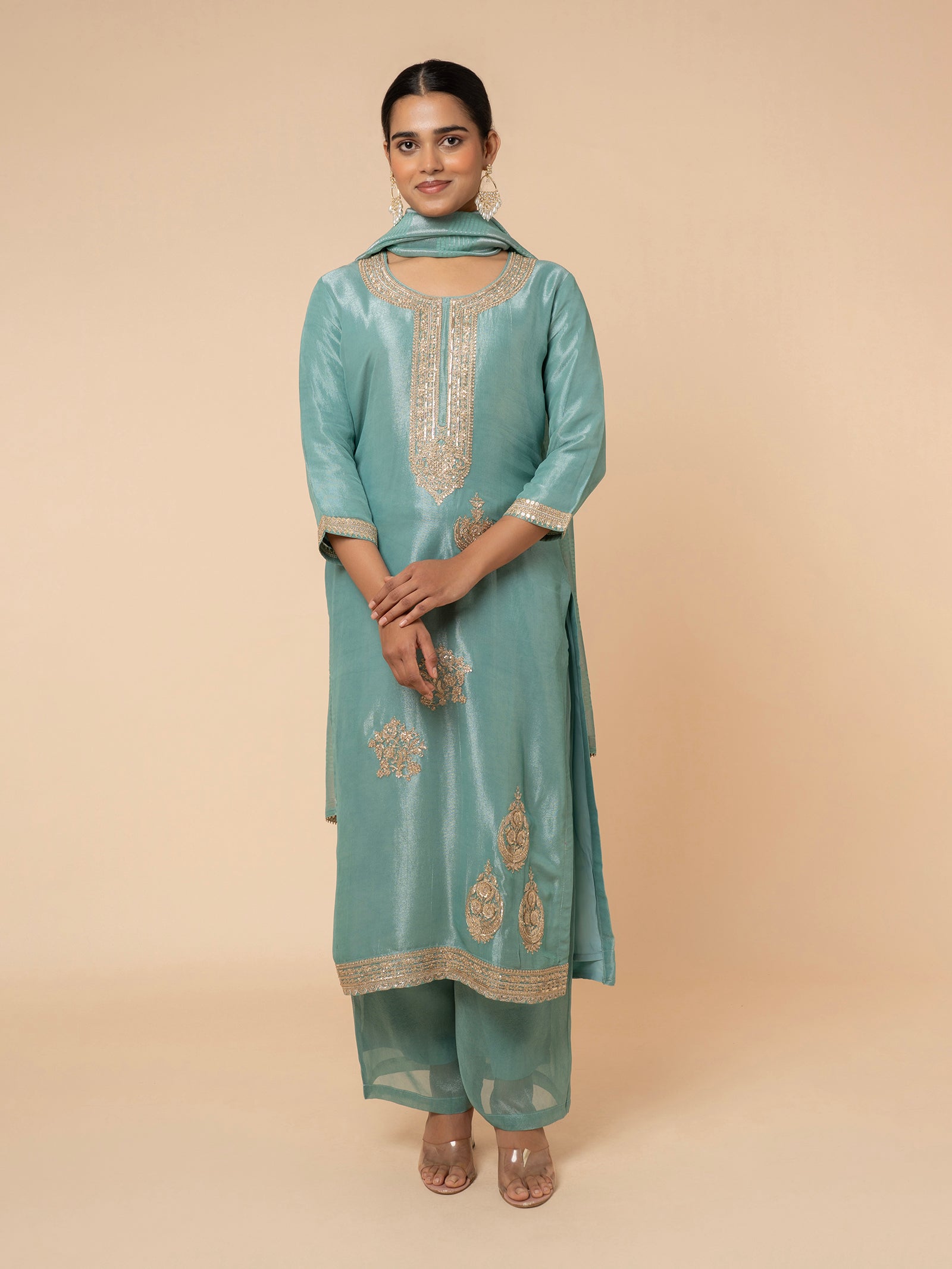 Sea Green Printed Silk Suit Set