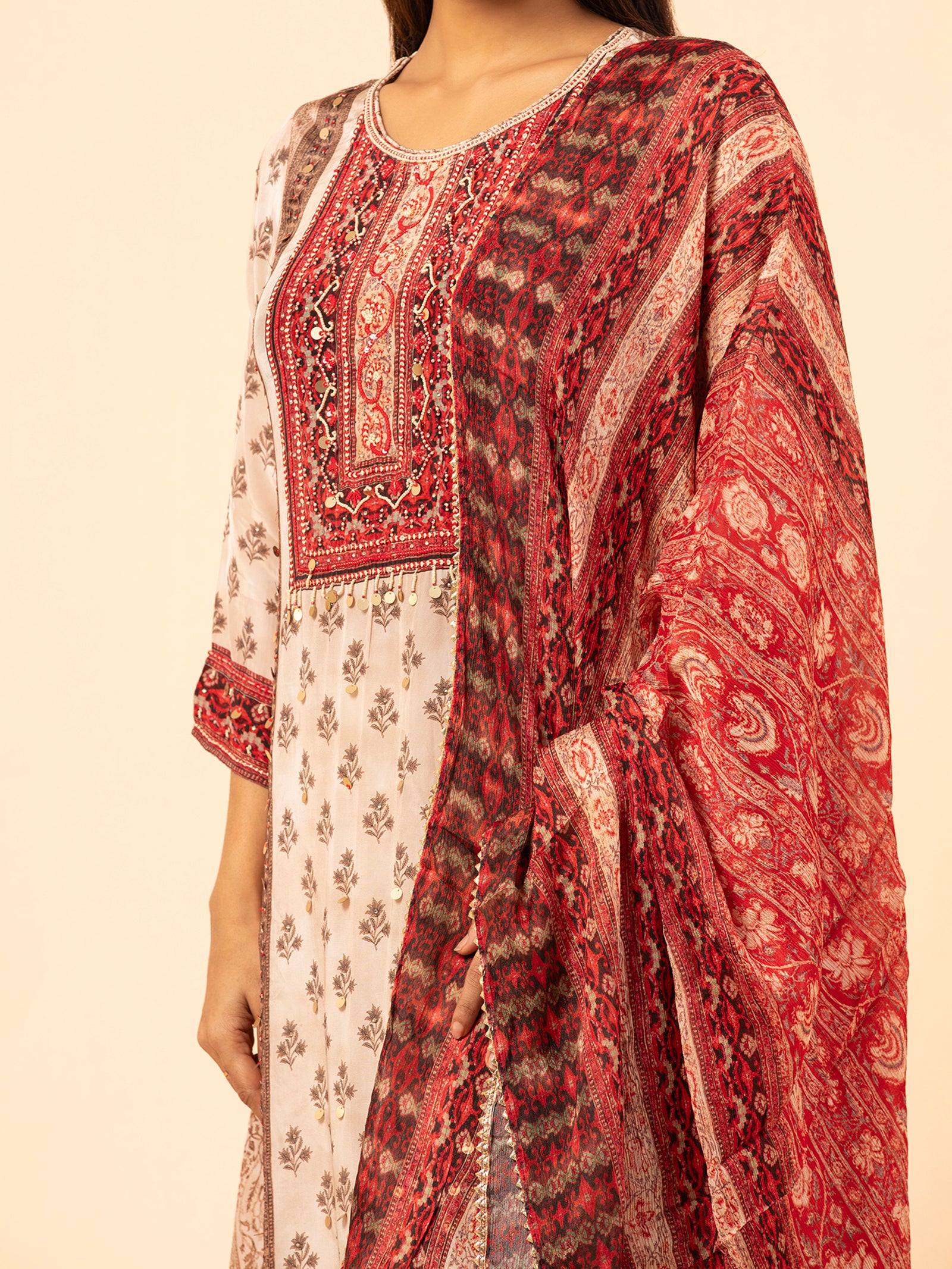 Ivory and Madder Red Printed Silk Ensemble