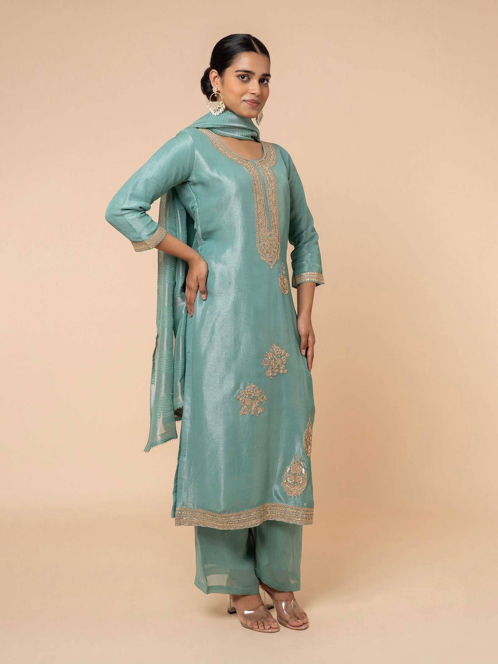 Sea Green Printed Silk Suit Set