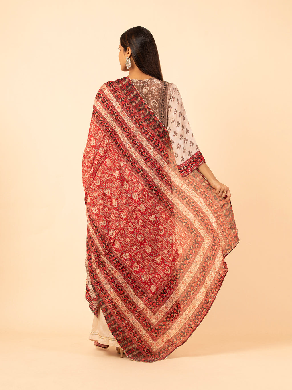 Ivory and Madder Red Printed Silk Ensemble