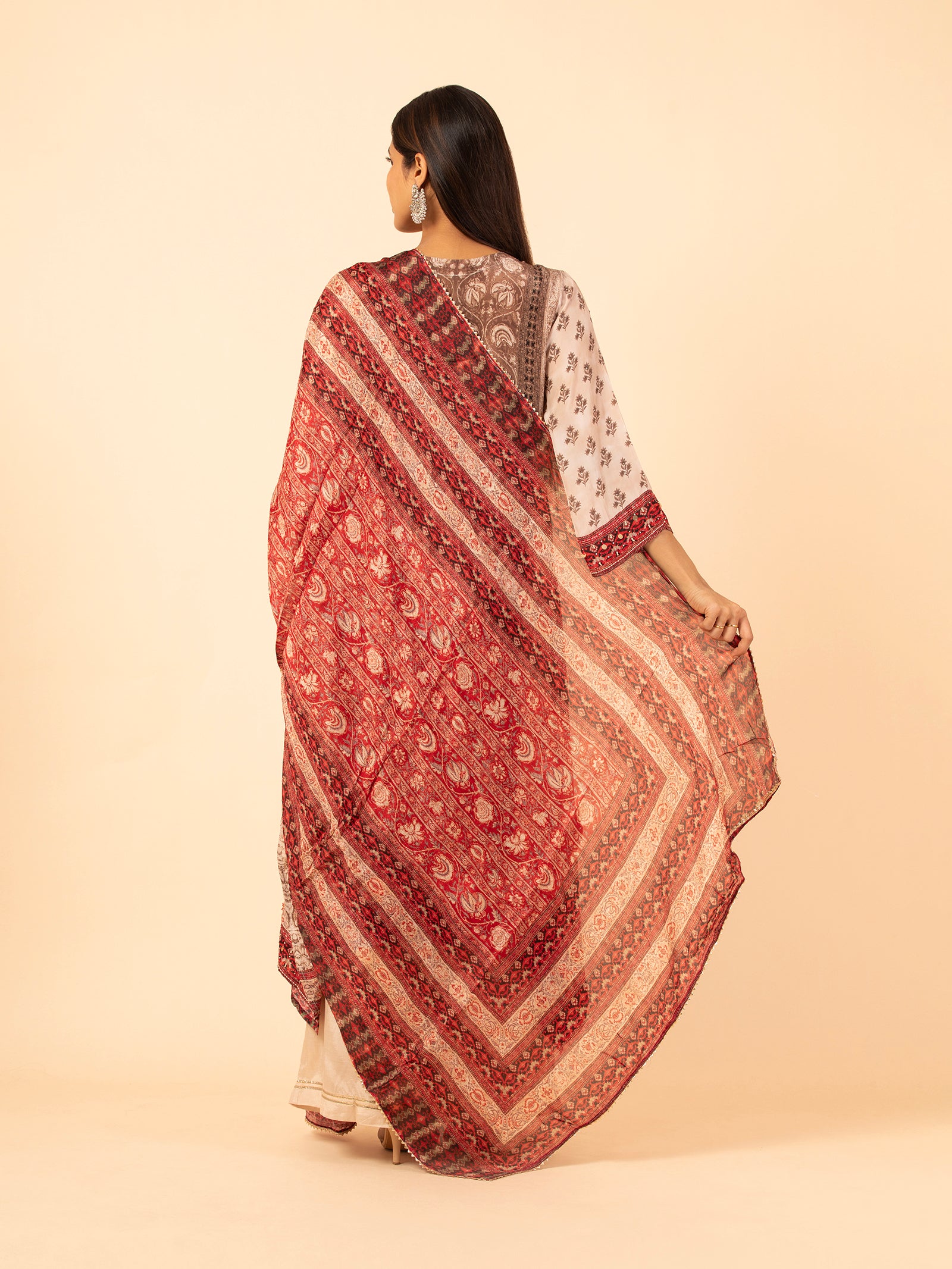 Ivory and Madder Red Printed Silk Ensemble