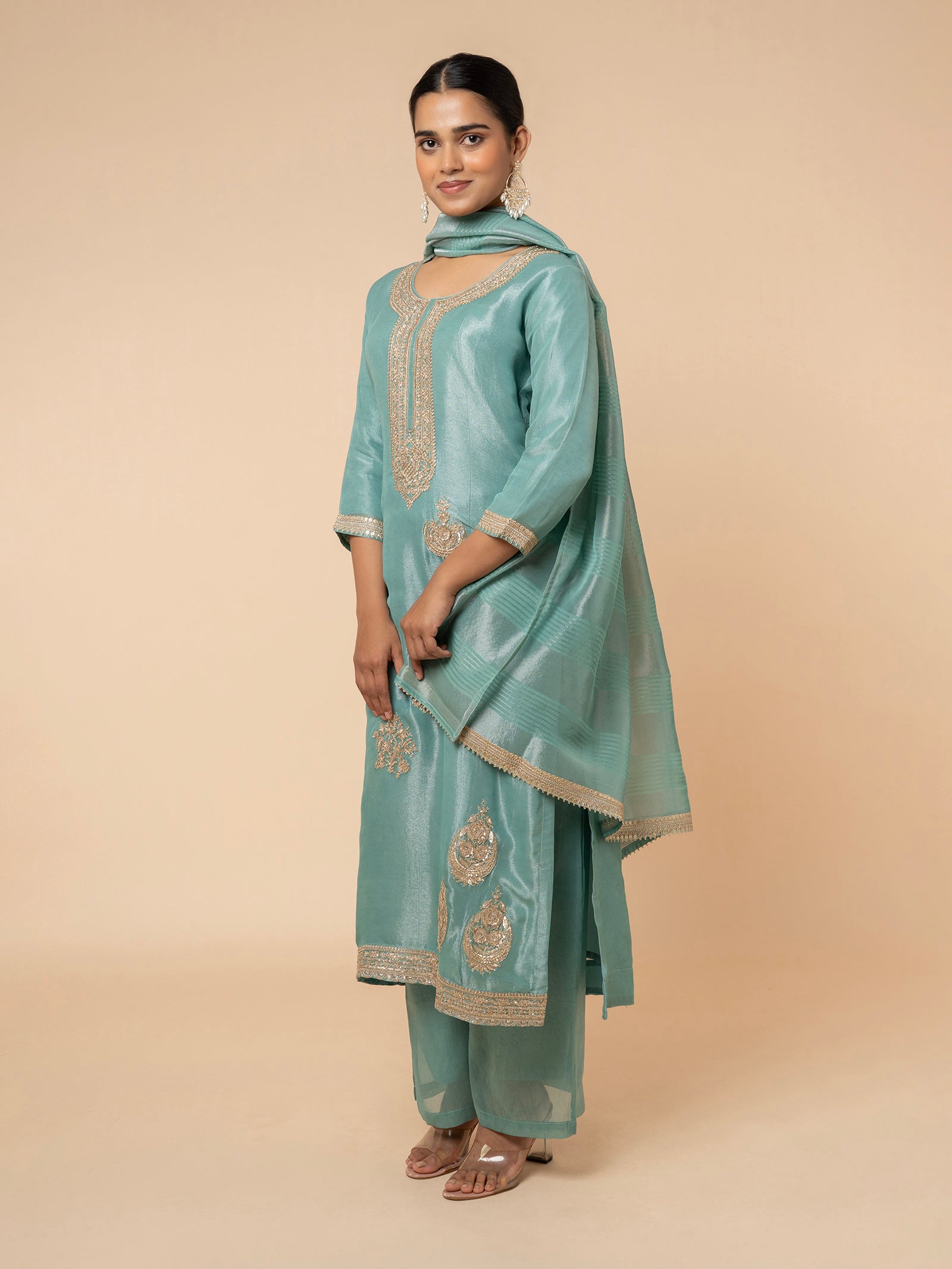 Sea Green Printed Silk Suit Set