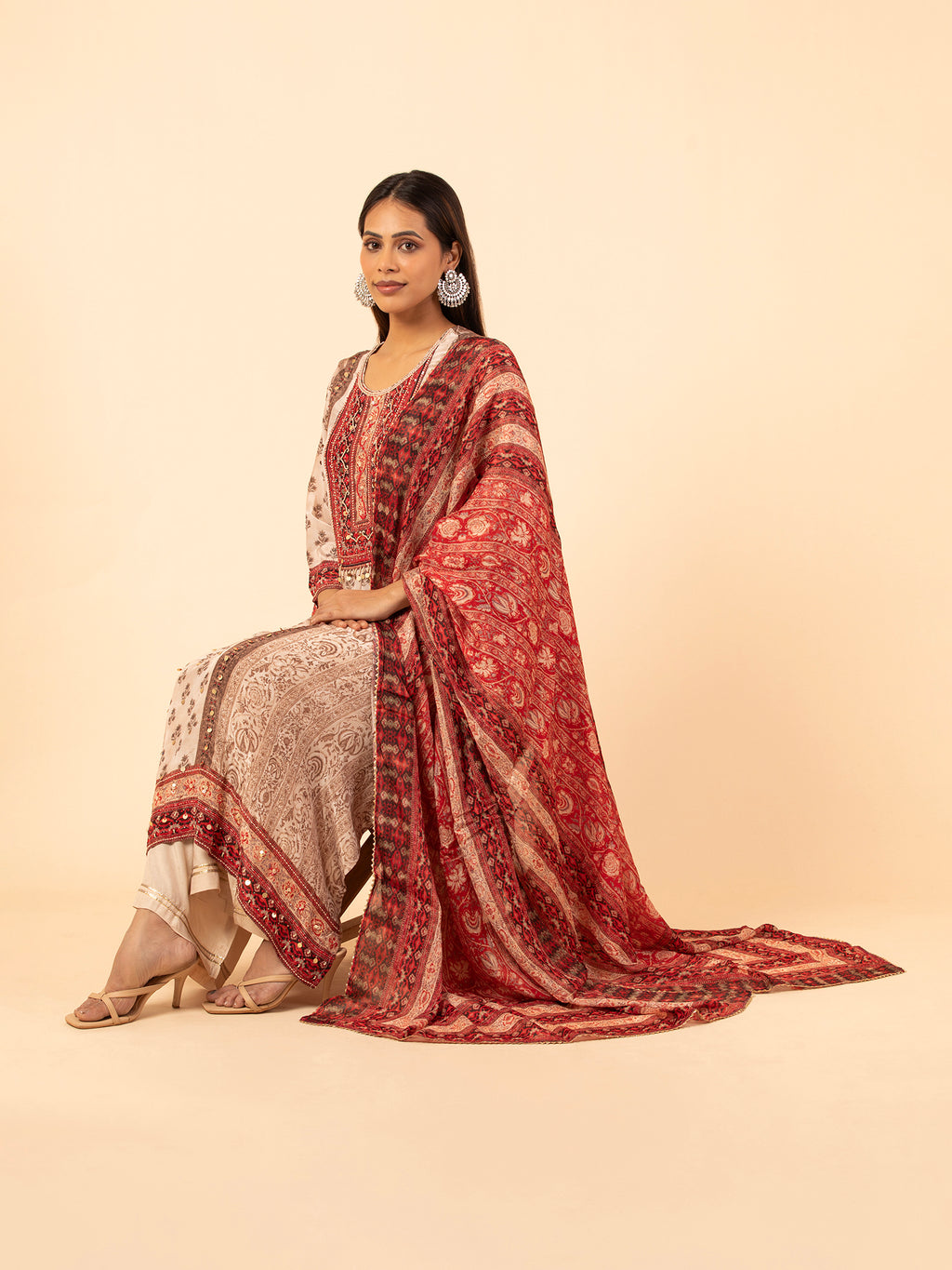 Ivory and Madder Red Printed Silk Ensemble