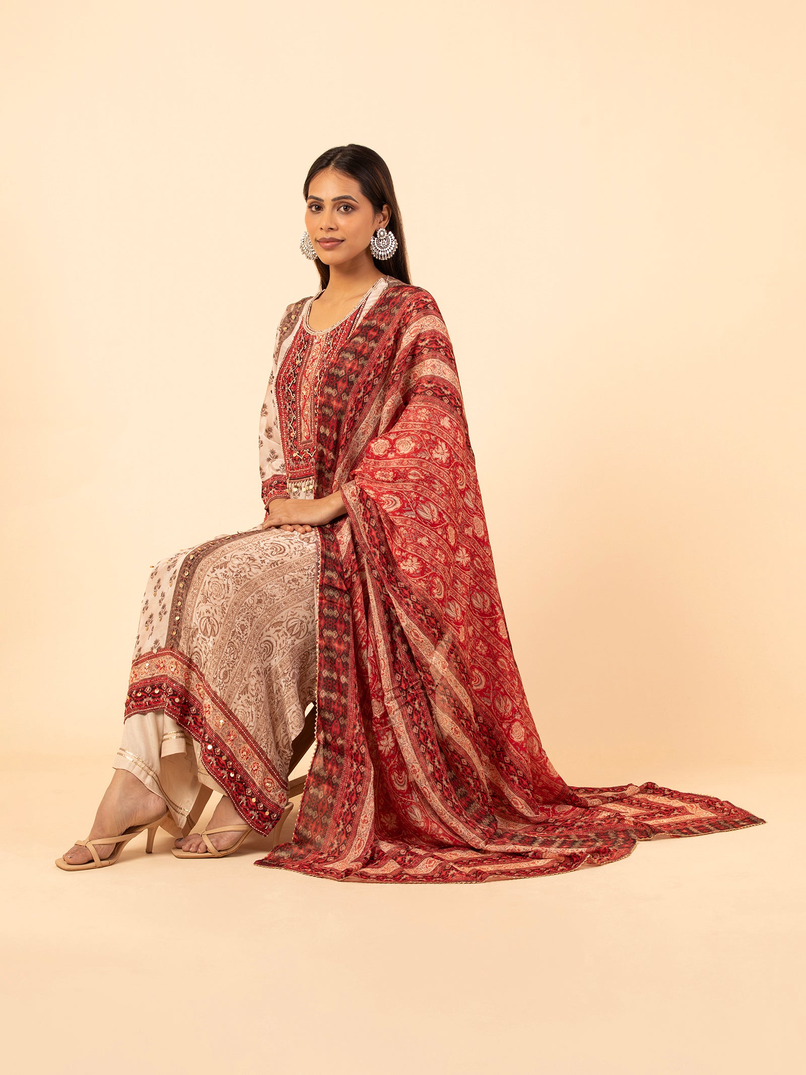 Ivory and Madder Red Printed Silk Ensemble