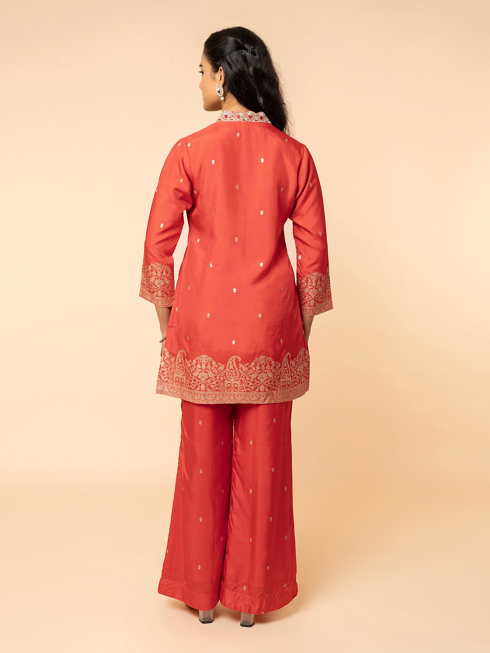 Burnt Orange Silk Co-ord Set with Zari Border & ButI Embroidery